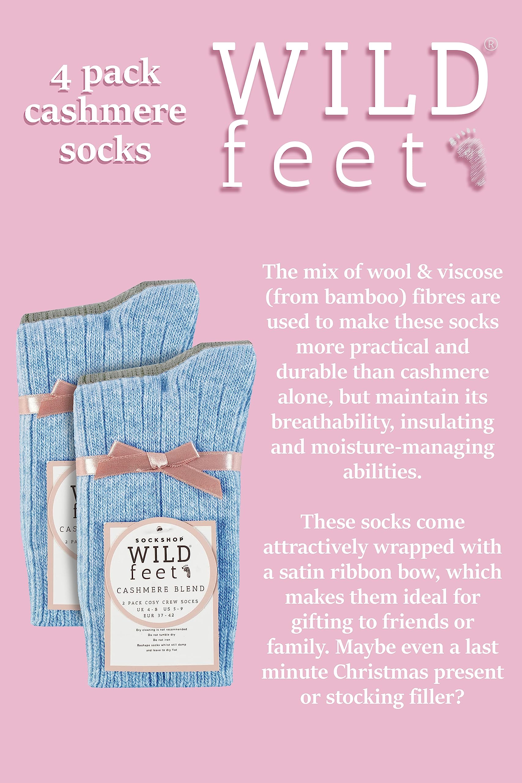 WILDFEET Paquete de 4 calcetines de cachemira para mujer, transpirables, acanalados, de lana, para mujer