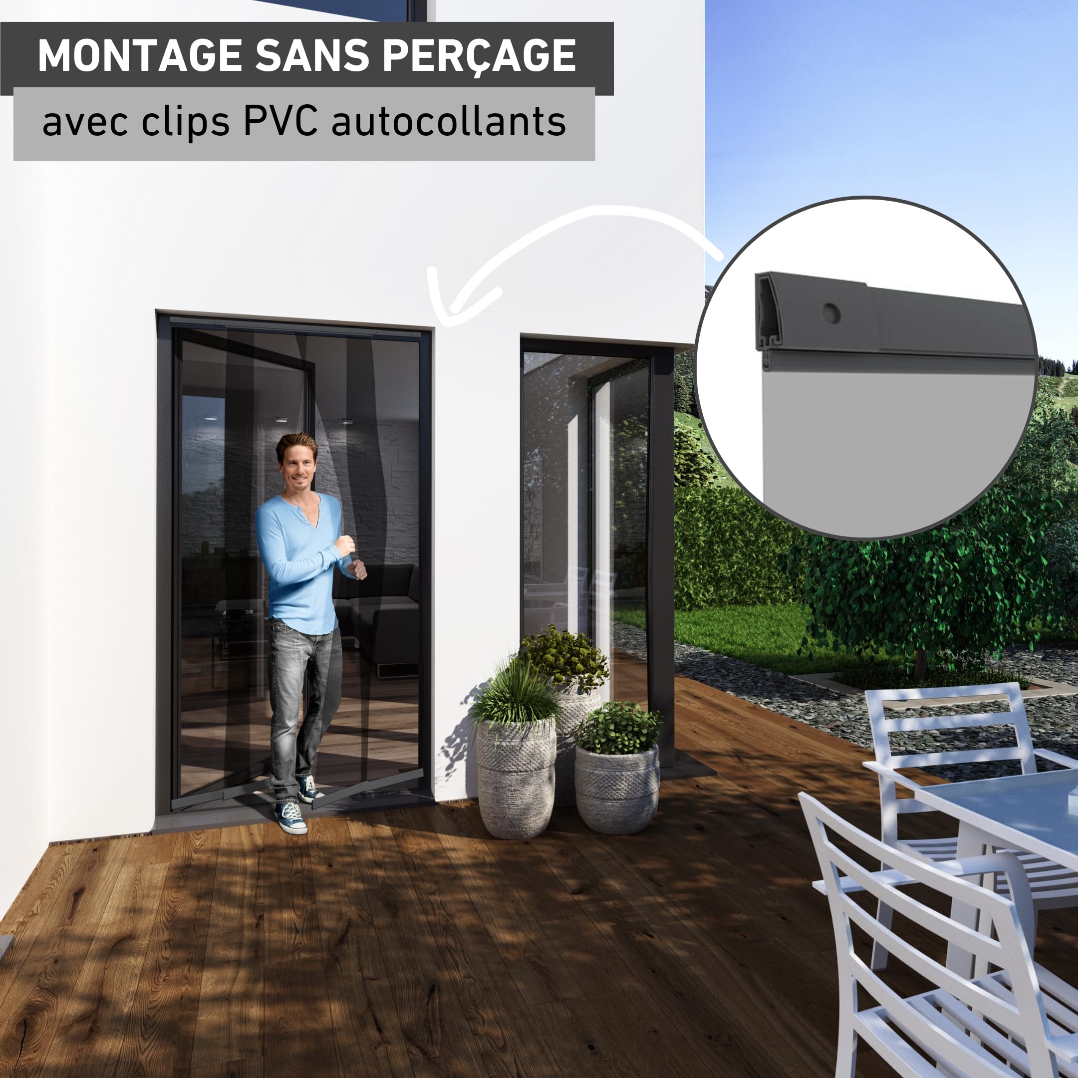 Windhager Moustiquaire porte télescopique 120 x 250 cm, rideau anti-insectes moustiques, installation facile sans perçage, passage libre pour porte balcon, anthracite, 04302