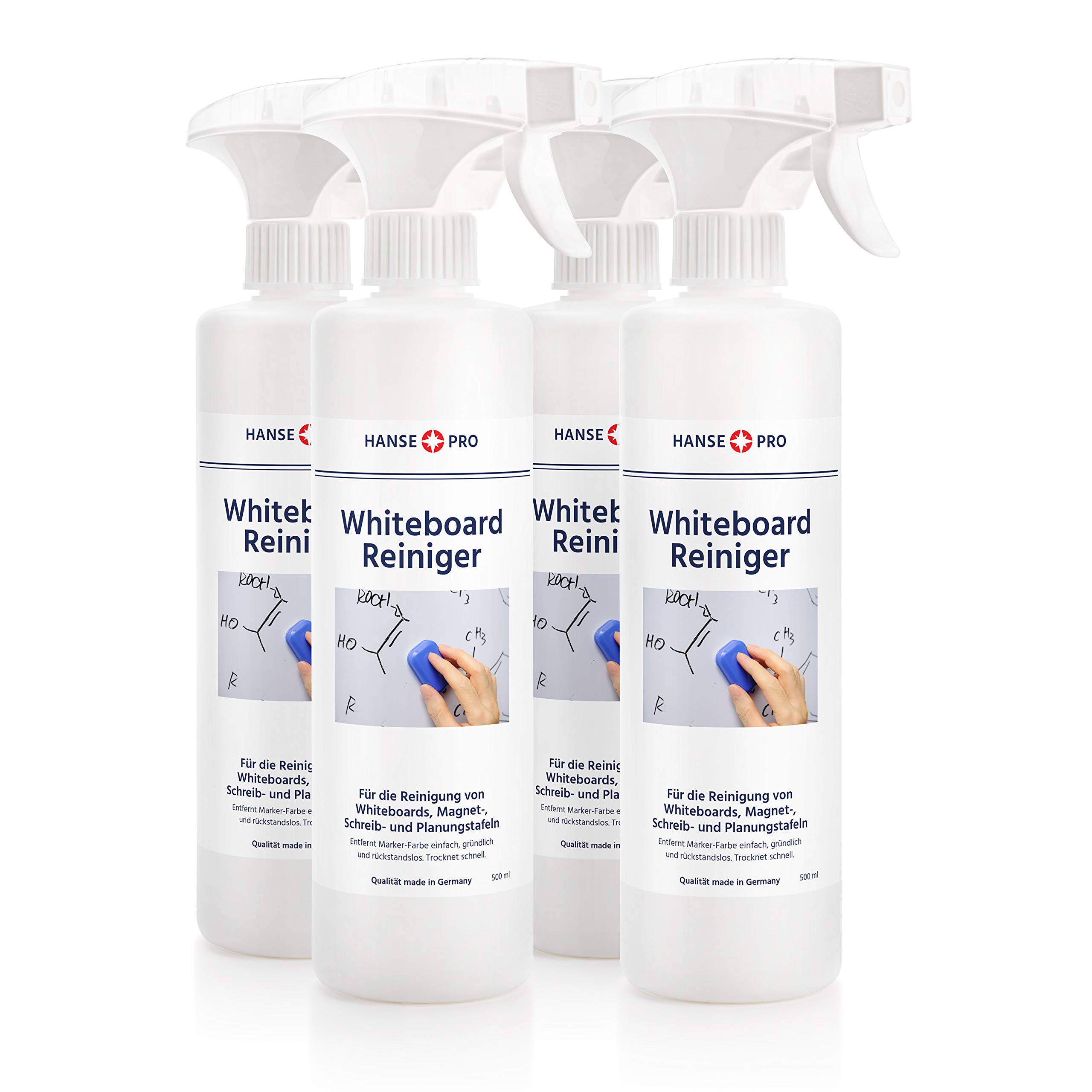 HANSE PRO Whiteboard-Reiniger, 4 x 500 ml I Cleaner I Löscher I Reinigungs-Spray I Tafel-Reiniger I Zubehör I mit praktischem Sprüh-Kopf