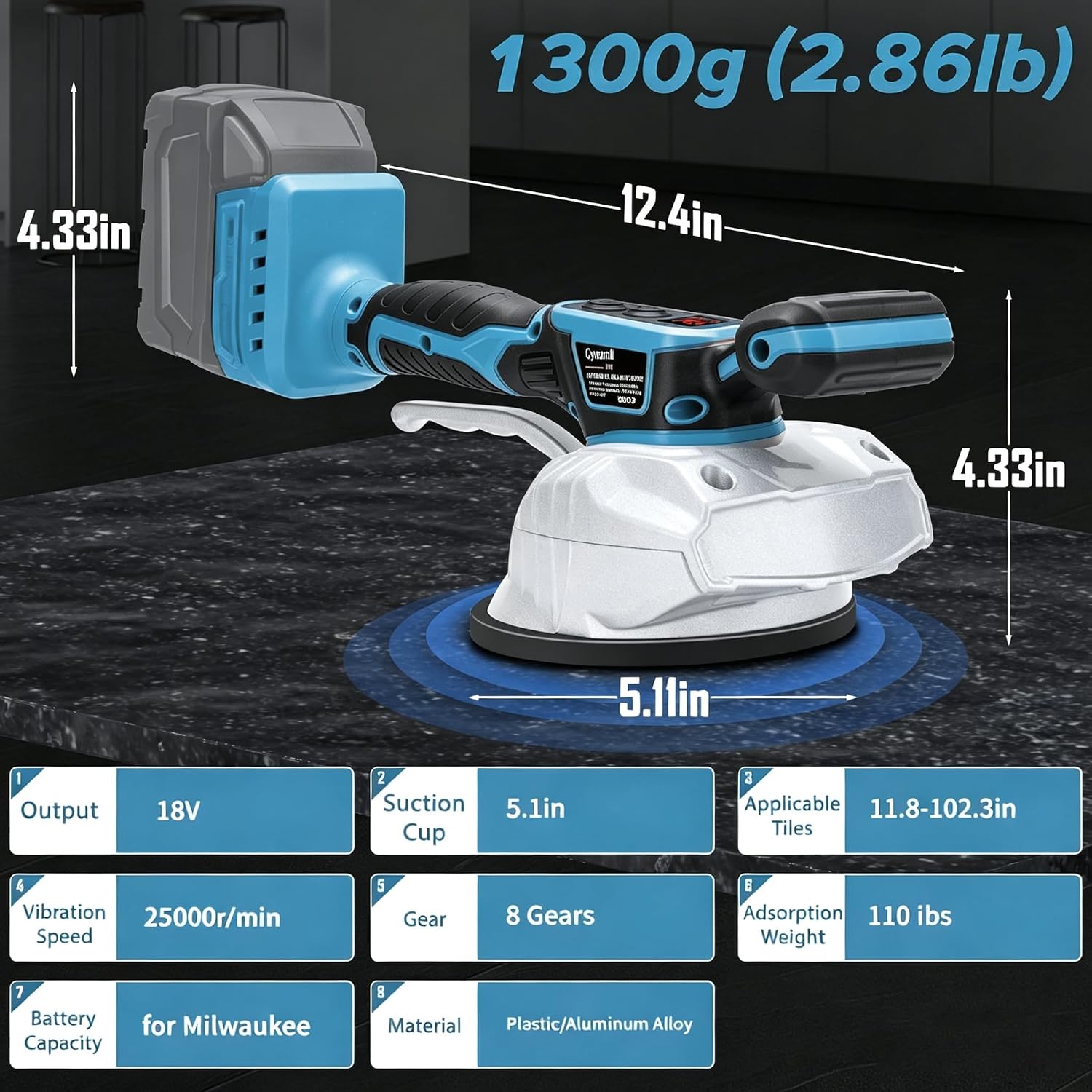 Tile Vibration Tool for Makita 18V Battery,Cordless Tile Vibration Leveling Machine with 8 Speed,Tiler Vibrator Tool 5'' Suction Cup,Digital Display,25000r/Min for Floor,Wall(No Battery)