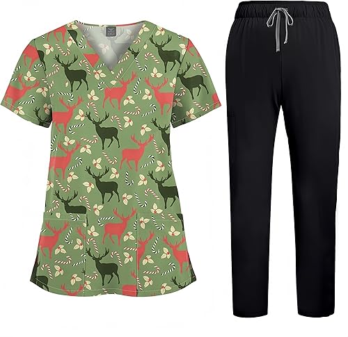 ALIALAVESTA Printed Scrubs Medical Proffesional V Neck Short Sleeve Stretch Func