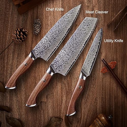 Miniatura 2 de Juego de cuchillos de Damasco de 3 piezas, juego de cuchillos de cocina con mango de madera maciza, acero inoxidable forjado alemán VG-10 para