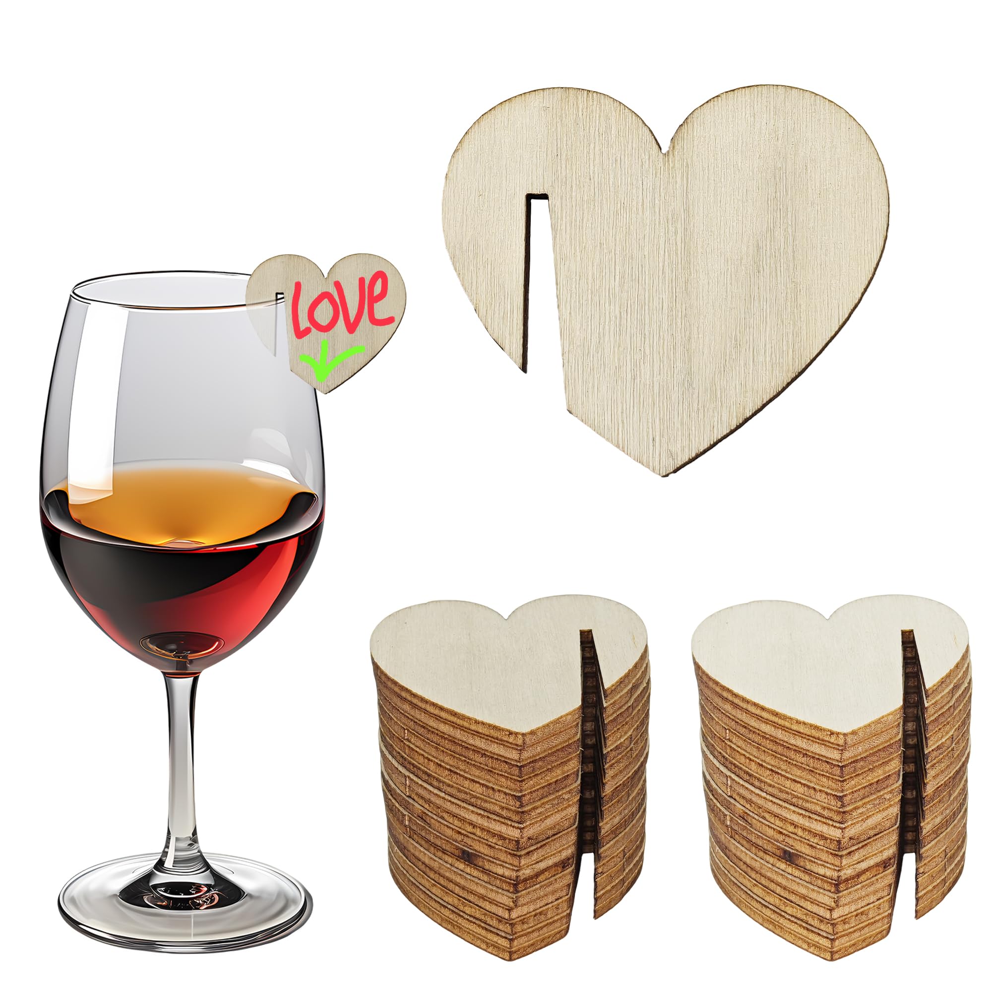 SEABABOO 50 Pieces Wooden Wine Glass Markers Heart Shape Drink Tags Wine Charms Identification for Party Cocktail Wedding Birthday Guest Cup Decoration