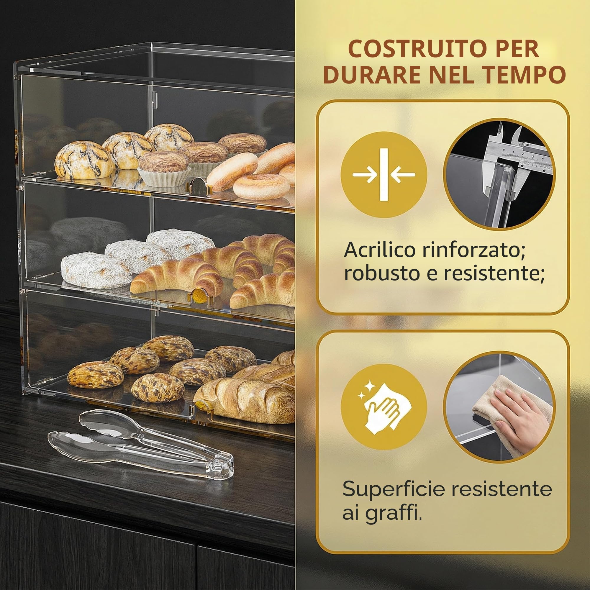 3 ripiani in acrilico trasparente per panetteria, vetrina da 5 mm, pannelli PETG ad alto impatto, 49.5 x 38 x 26 cm, porte anteriori con fori per le dita
