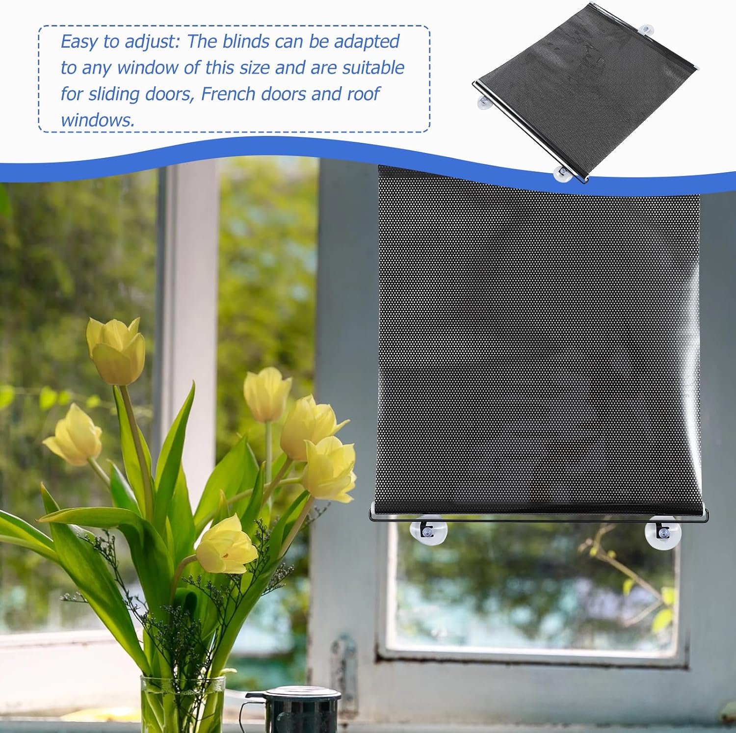 Beavorty Blackout Blind Curtains, Suction Cup Sunshade Windows No Drill Cordless Blinds Lightweight Drape for Door (Black Mesh Dot)