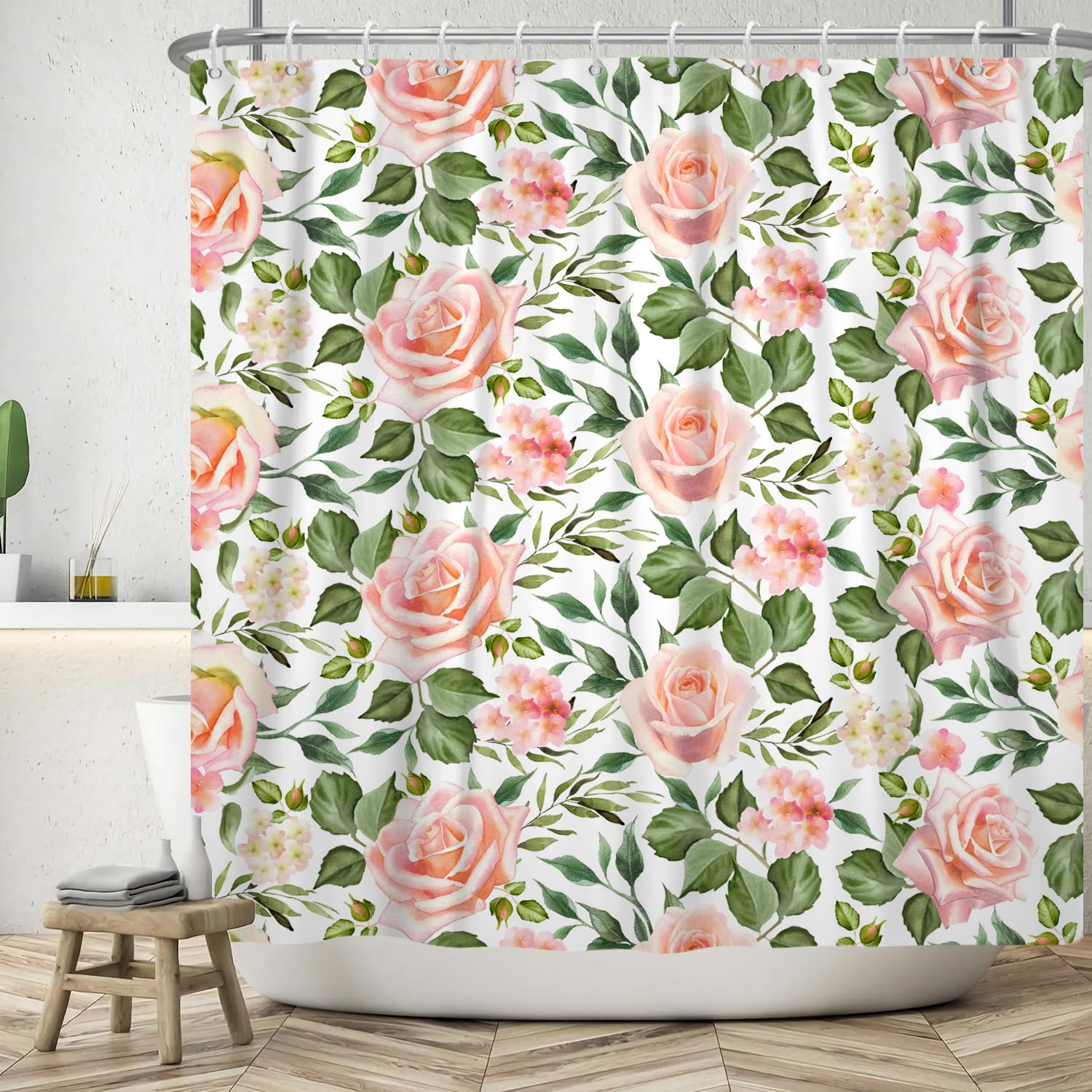 ASDCXZ Flower Shower Curtain 90x180 cm, Spring Hand Painted Rose Flowers Green Leaves White Washable Bath Shower Curtains Polyester Textile Waterproof Shower Curtain for Bathtub with 6 Hooks โ image 1