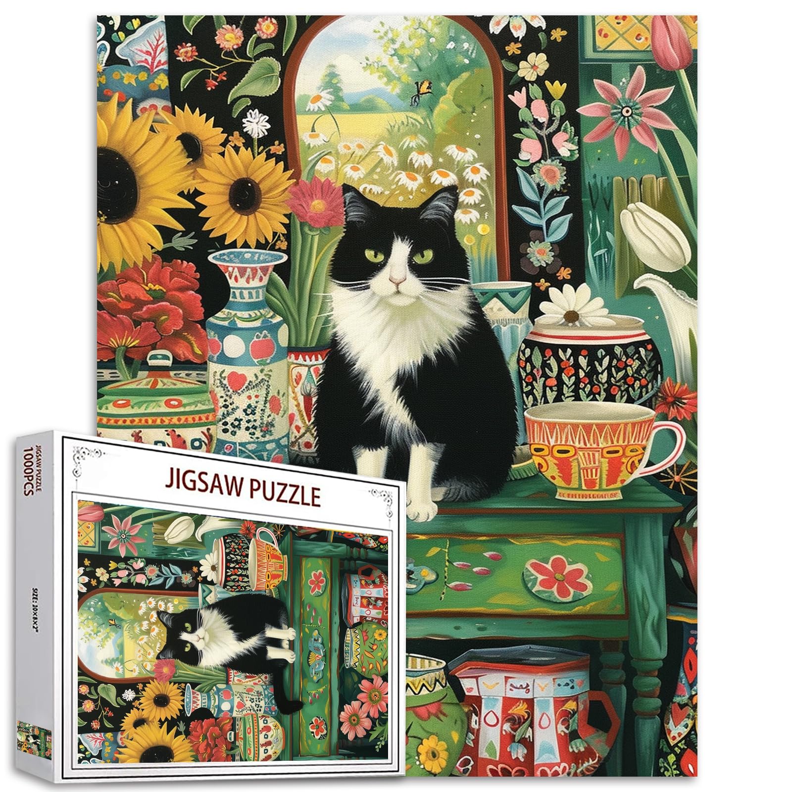 1000 Piece Jigsaw Puzzles for Adults Cat Sit on Table Jigsaw Puzzle Kitten 1000 Pieces Puzzles Game Flower Floral Art Wall Decor DIY Craft Puzzle for Adults Gift for Friends and Family