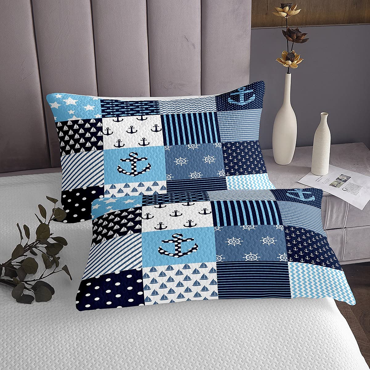 Loussiesd Nautical Bed Throw Navigation Theme Patchwork Day Deck Single Quilted Bedspread Blanket Anchor Compass Sailing Ship Print Quilt for Kids Boys Child Bedroom Decor 2pcs - Image 4