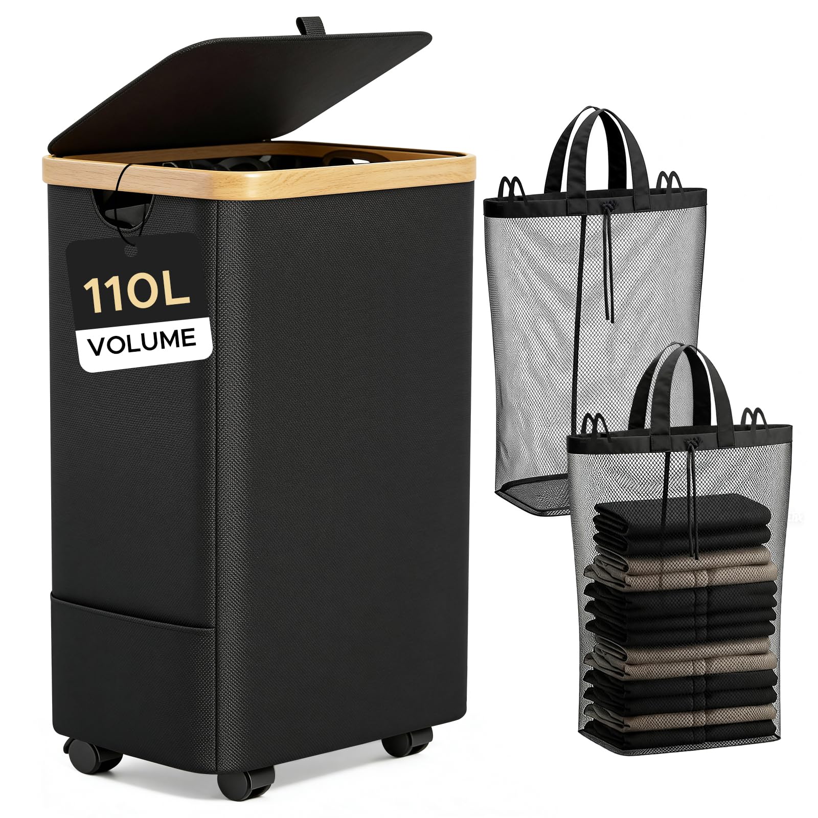 JYPS 110L Laundry Basket with Lid, 2 Compartments Laundry Hamper with Wheels and Handle, Removable Washing Baskets& 2 Side Bags, Oxford Fabric Laundry Bin for Dirty Clothes Storage, Bedroom,Laundry — image 1