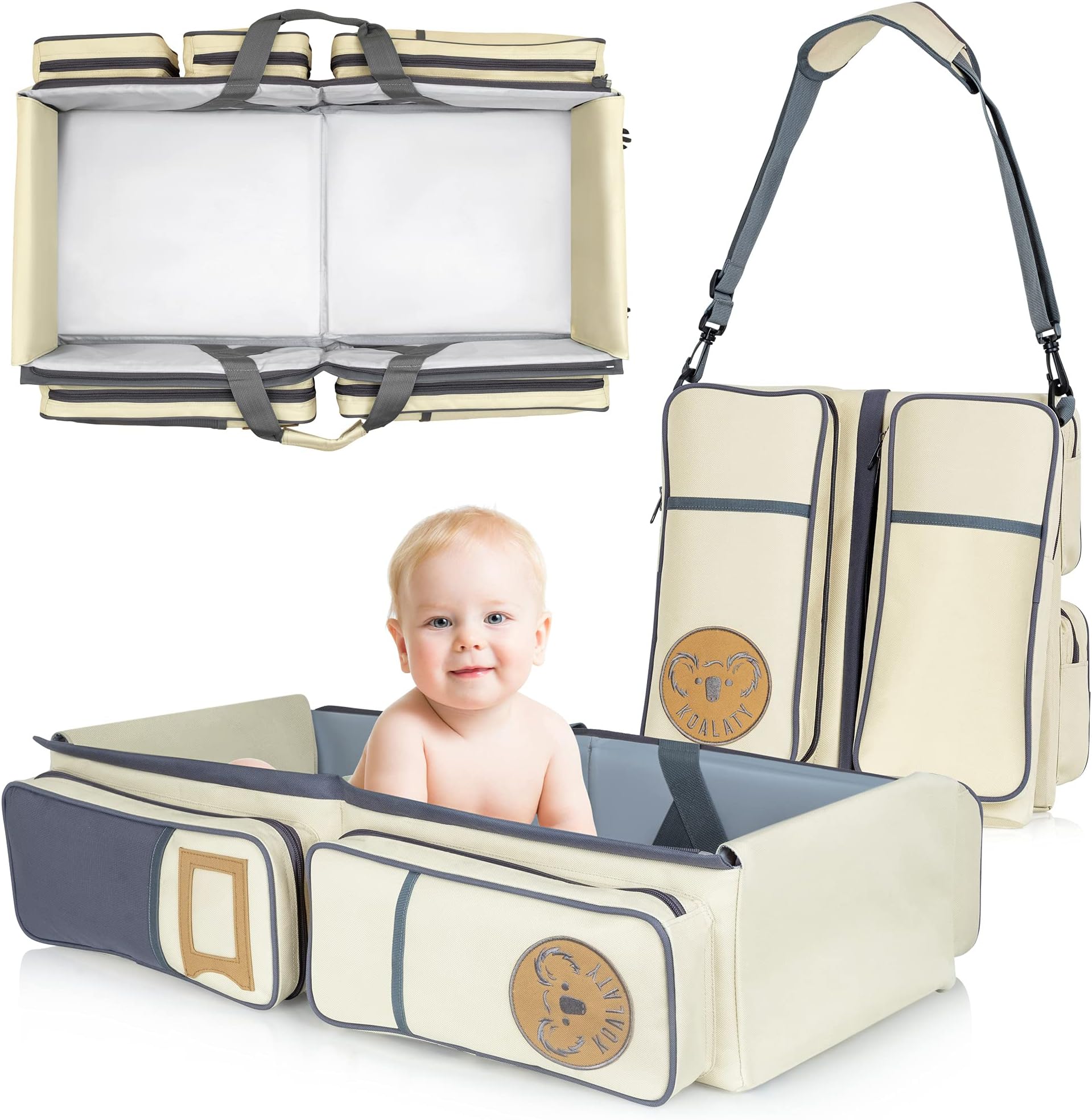 Koalaty 3-in-1 Universal Infant Travel Bag, Portable Bassinet Crib, Changing Station and Diaper Bag for Newborns or Baby Gift for New Mom and Dad (Beige)
