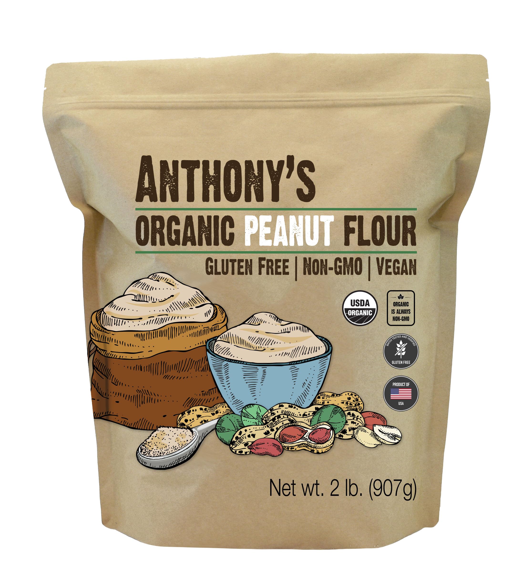 Anthony's Organic Peanut Flour, Defatted, 2 lb, Light Roast 12% Fat, Verified Gluten FreeUSDA Organic
