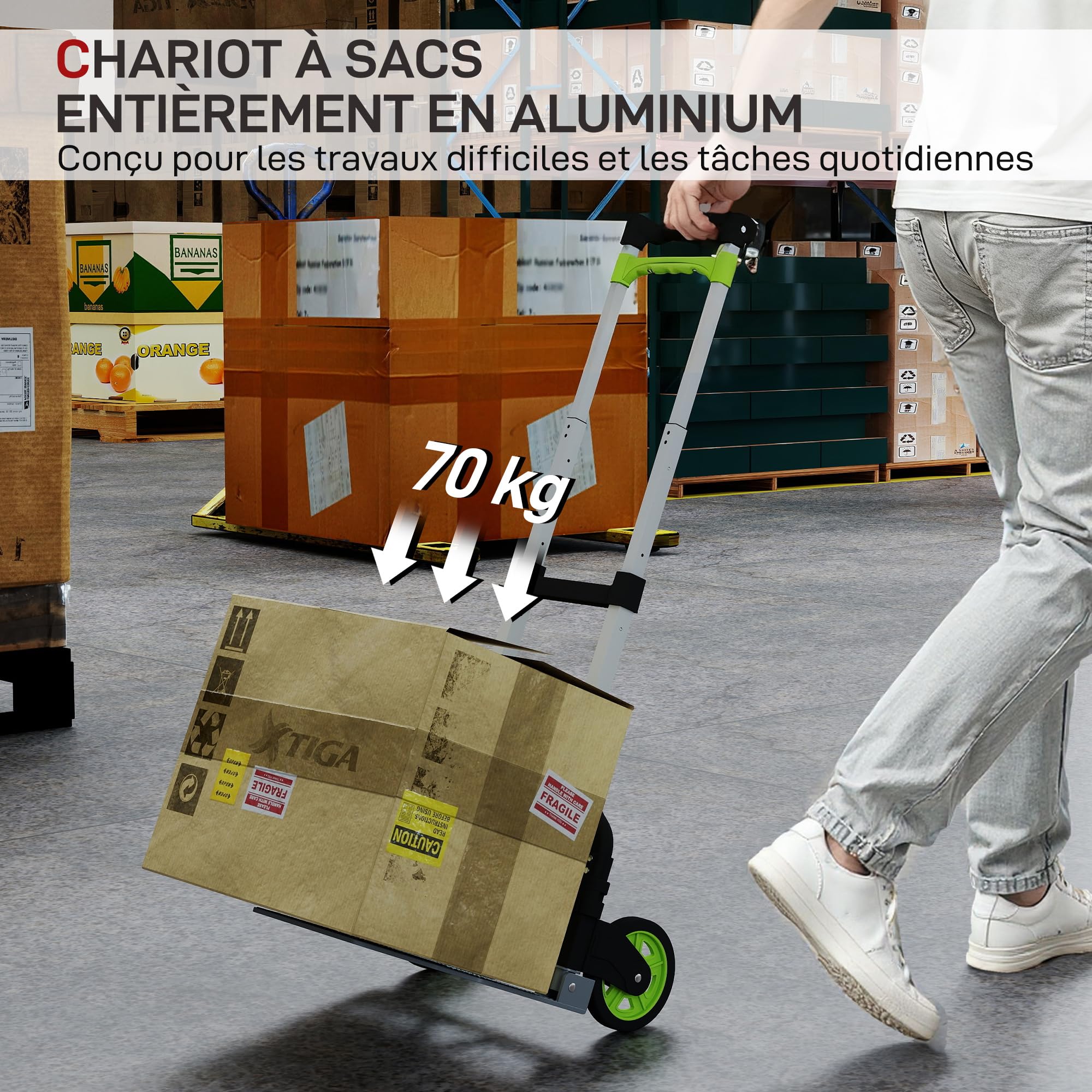 HOMCOM Diable Pliable, Diable Demenagement Robuste en Aluminium avec 100 cm Poignée Télescopique, Charge 70kg, Chariot de Transport pour Entrepôt, Aéroport, Objets Volumineux & Lourds, Vert