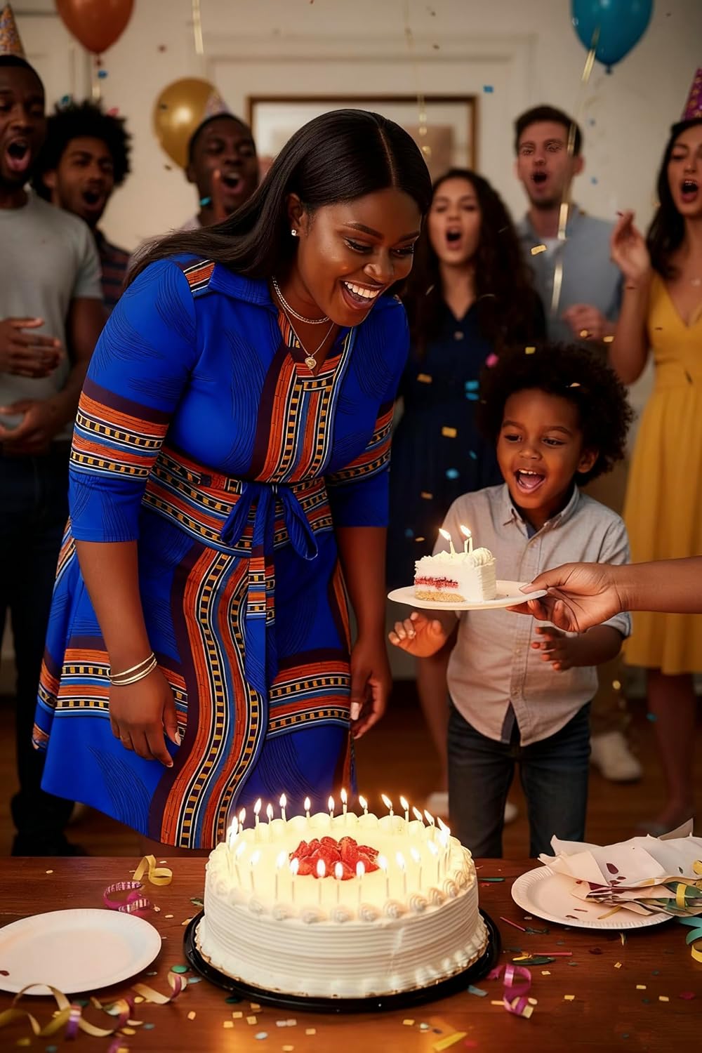 FANDEE Plus Size Midi Dress for Women - Printing Summer Dresses for Wedding Guest Cocktail Party 3/4 Sleeve V Neck(L-5XL) - Image 10