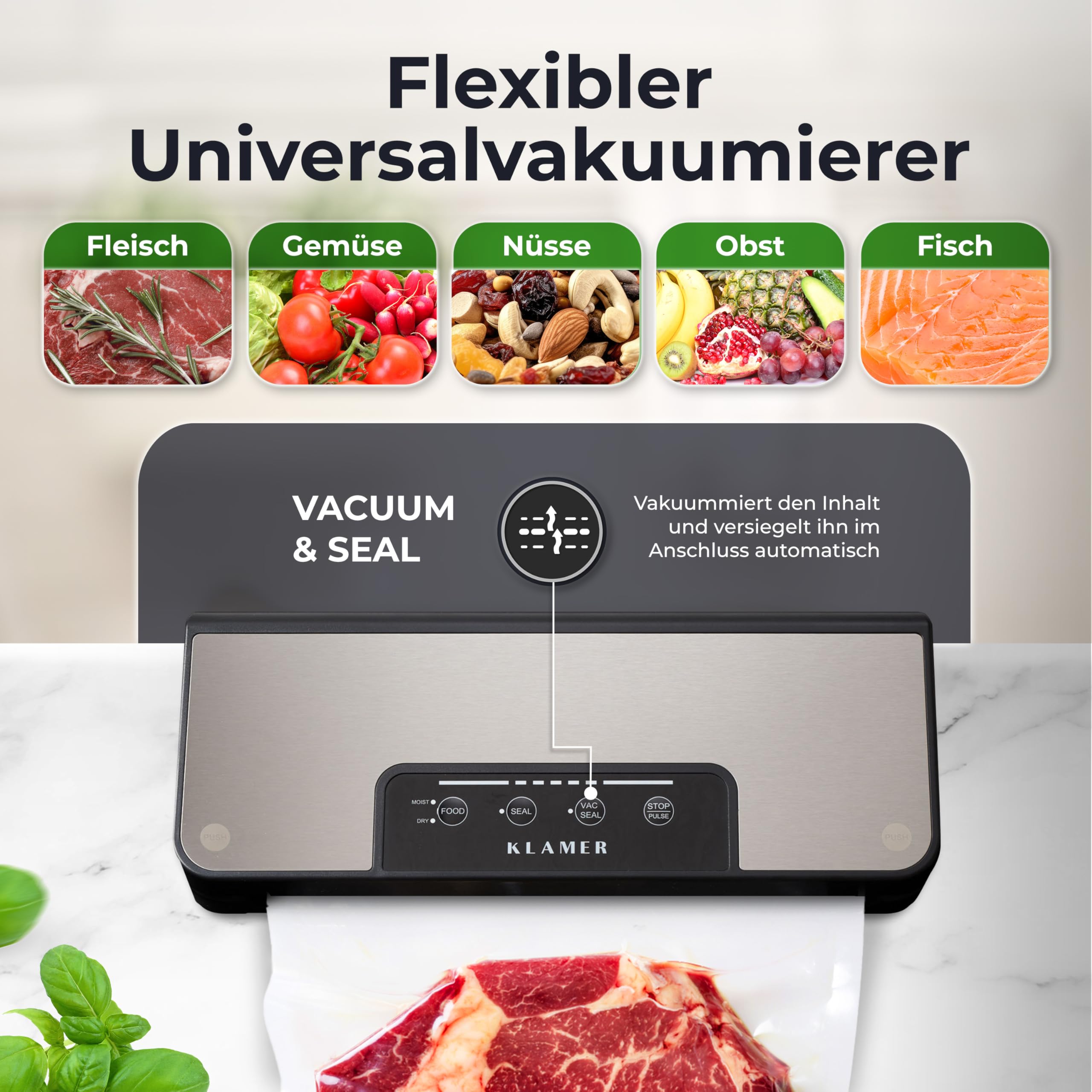 KLAMER Vakuumierer Pro 80 Vakuumiergerät für trockene & feuchte Lebensmittel Sous Vide inkl. Beutel und Schlauch