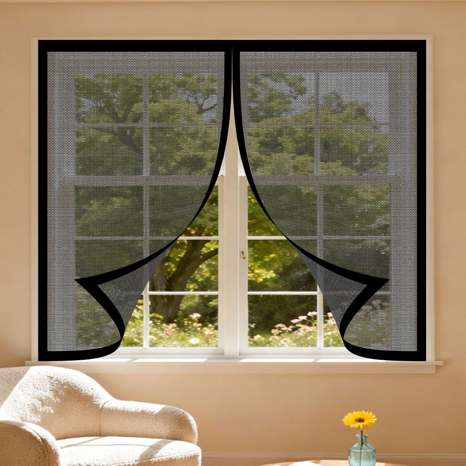 Magnetic Fly Screen Window 195 x 156 cm Easy Installation Magnetic Fly Net for Windows Heavy Duty Mesh Fitted to Multiple Windows, Black