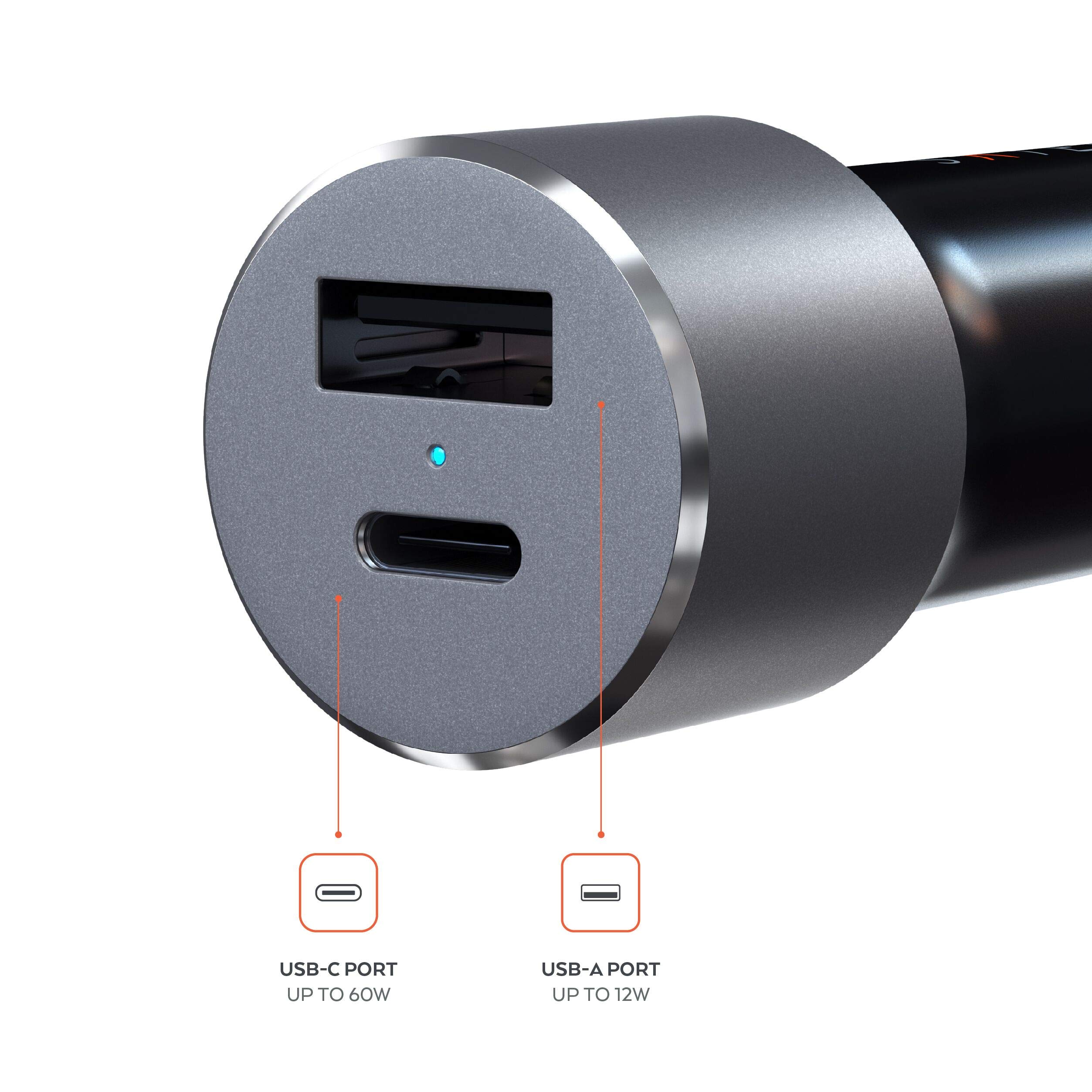 Satechi Ładowarka samochodowa 72W Typ-C z Power Delivery USB-C i ładowanie 12W USB-A - kompatybilna z 2018 MacBook Air, 2019/18 MacBook Pro, 2018 iPad Pro, iPhone 11+ Max/11 Plus/11 (szary)