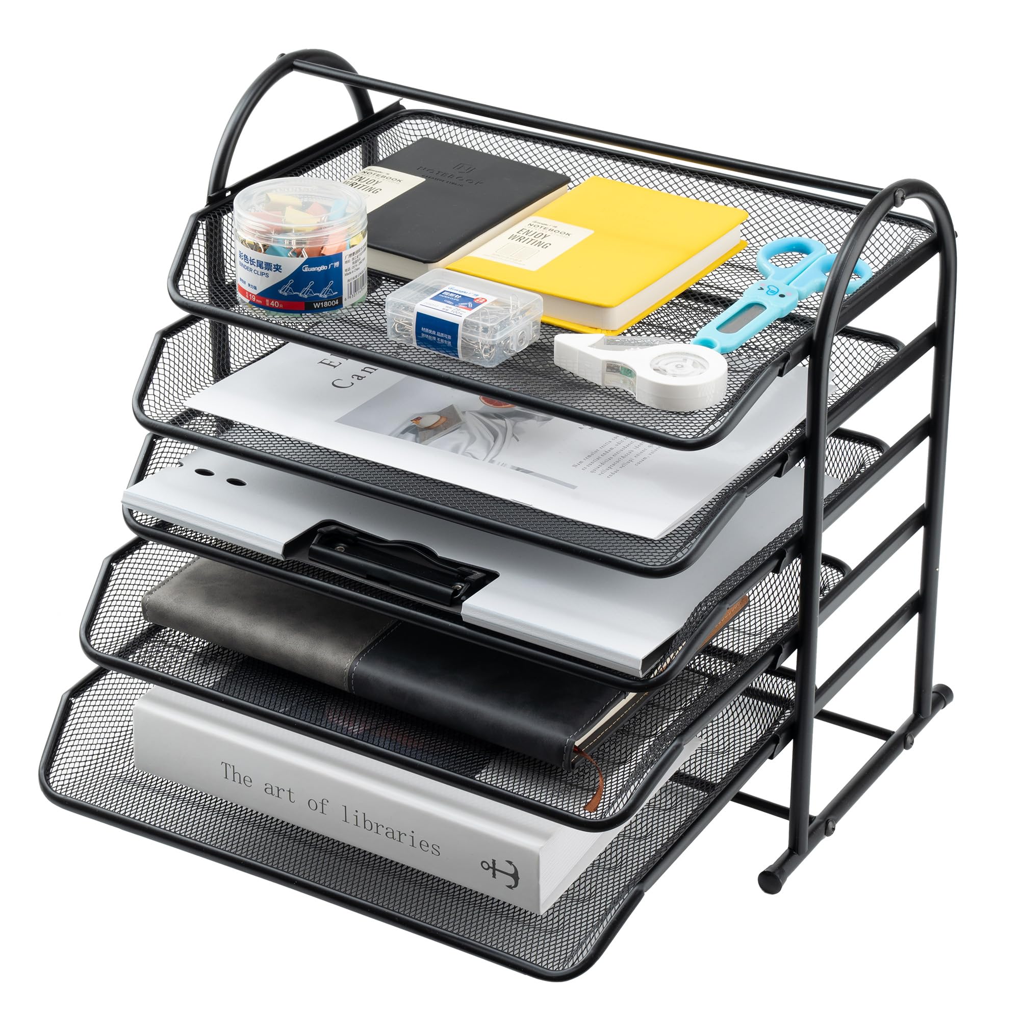 Bandeja de malla de 5 niveles, organizador de papel de escritorio de oficina con bandejas deslizantes, bandeja de papel de archivo de escritorio de metal para cartas, correo, documentos (negro)