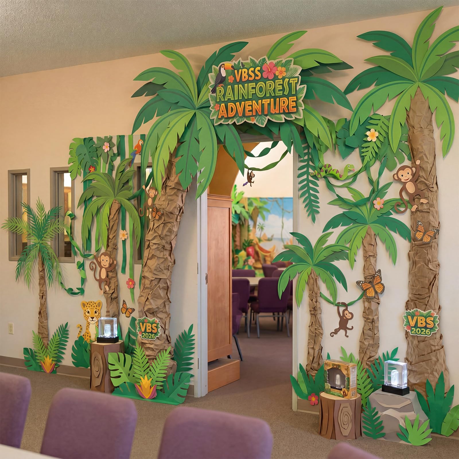 Gersoniel Dschungelthema Klassenzimmer Party Dekorationen Gelenkpalmen Kit 30,5 cm x 0,6 m Kraftpapier 36 mehrere Größen grüne Blätter Pappausschnitt, tropische DIY Kokosnussbaum für Regenwald Safari