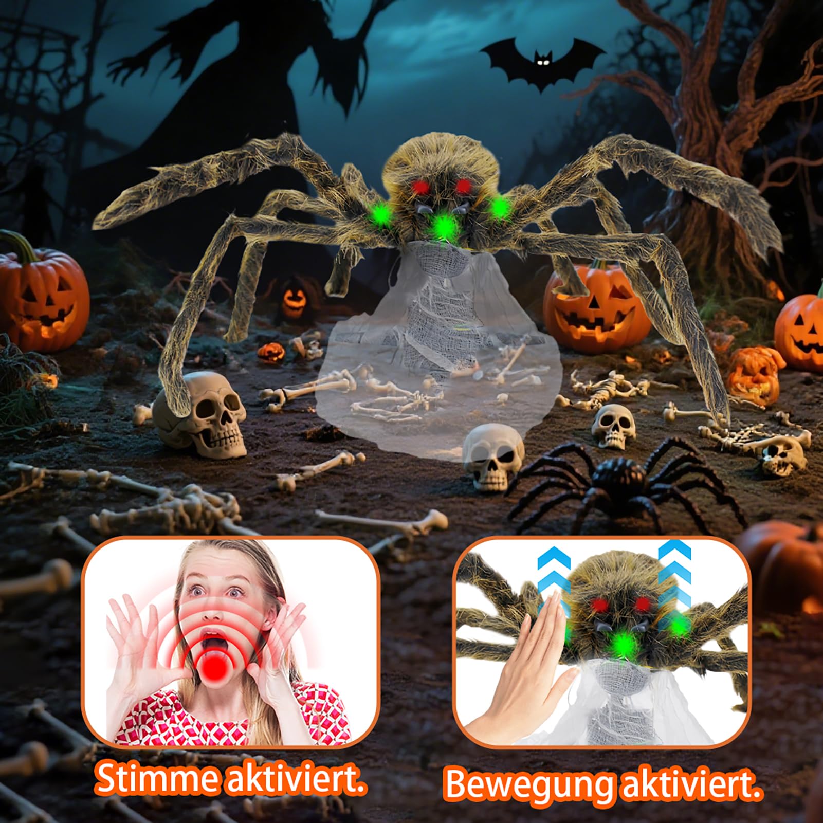 Halloween Deko Outdoor Spinne,Hüpfende Schreiende Spinne mit LED Augen für Außen Innen, Party Garten, Spukhäuser Deko