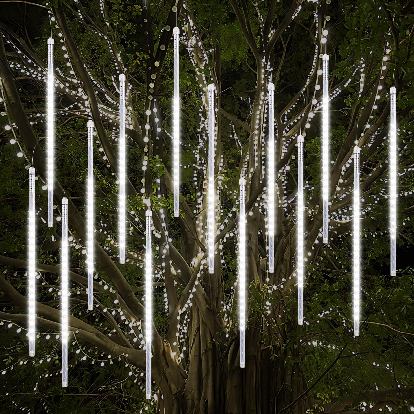 Weihnachtslichter für draußen, Meteorschauer Lichter 16 Spiralschläuche 50cm 864 LEDs 5,25m Lit Länge, Wasserdichte Schneefalllichter für Weihnachtsdekoration im Freien Baum Fenster (Weiß)