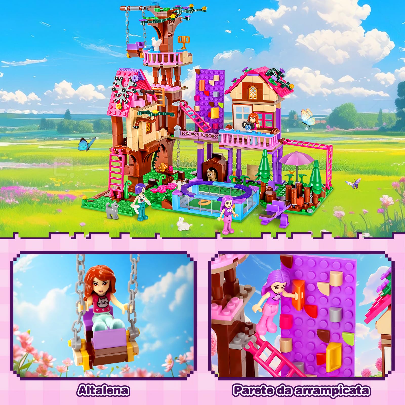 Charmofun Set di Costruzione Della Casa Sull'albero, Set di Costruzioni Casa Delle Ragazze con 3 Bambole e 4 Animali, Friends Casa Sull'Albero Dell'Amicizia per Bambini dai 8 Anni in su (Rosa)