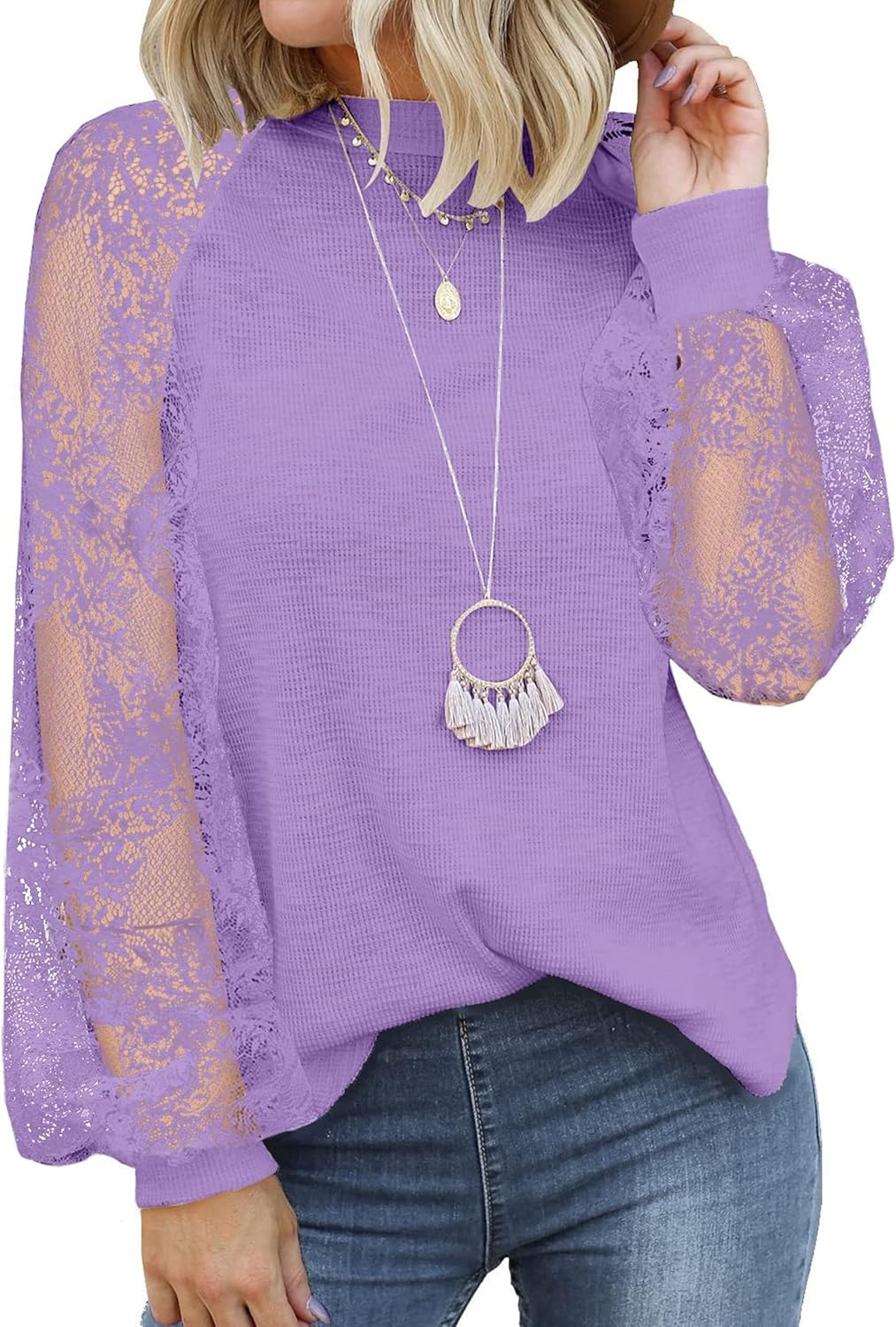MIHOLL Womens Long Sleeve Tops Lace Casual Loose Blouses T Shirts