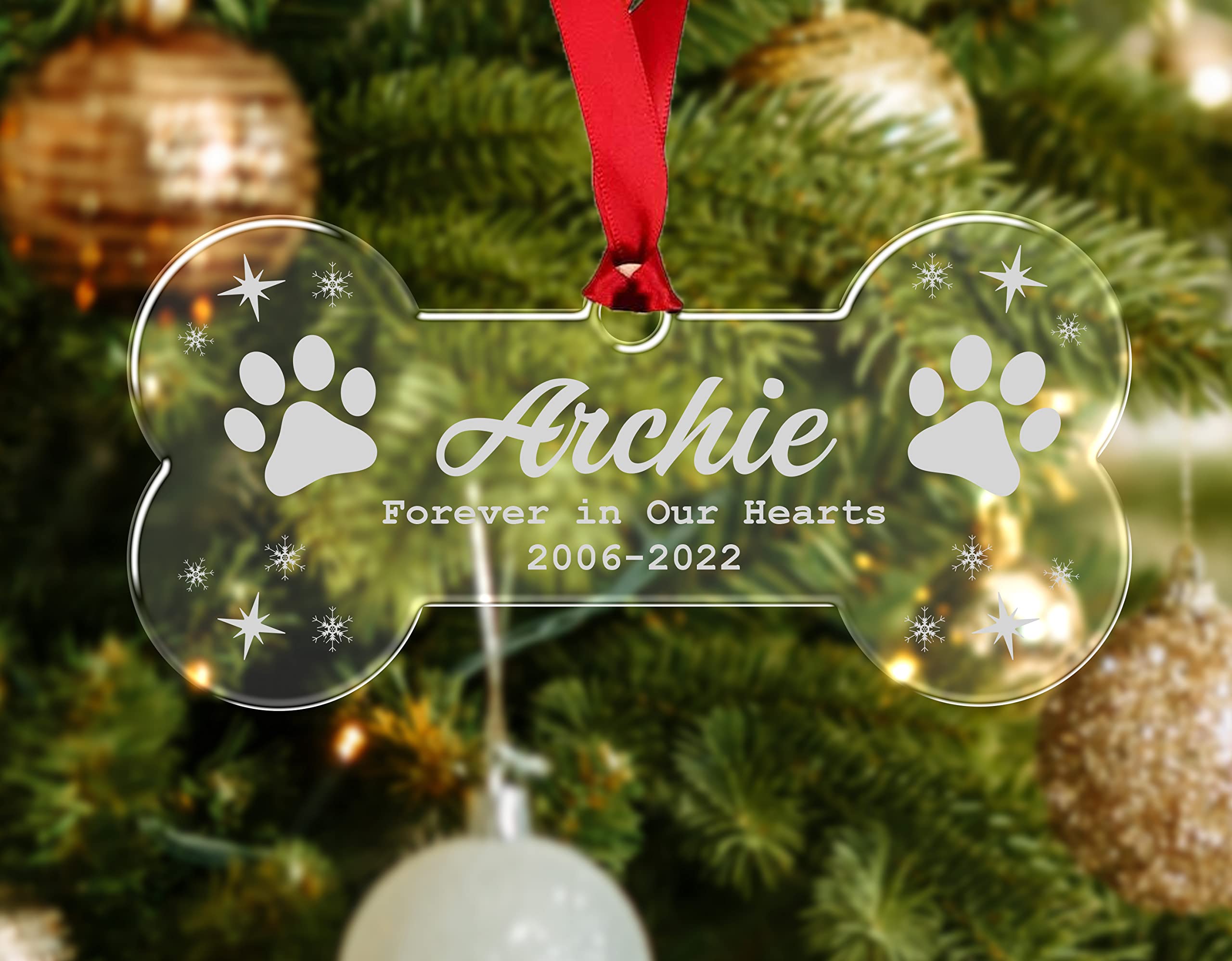 Personalised Dog Bone Memorial Christmas Bauble Puppy Pet Tree Decoration Xmas Gift Any Name Rememberance (Forever in our Hearts)