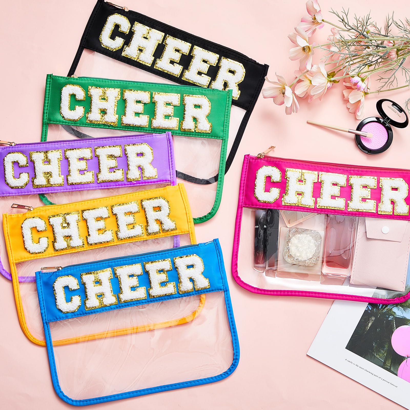 Aliceset 6 bolsas de chenilla con parche de letras preparadas para maquillaje, regalo para mujeres, impermeable, PVC, organizador de cosméticos, bolsa plana transparente portátil con cremallera