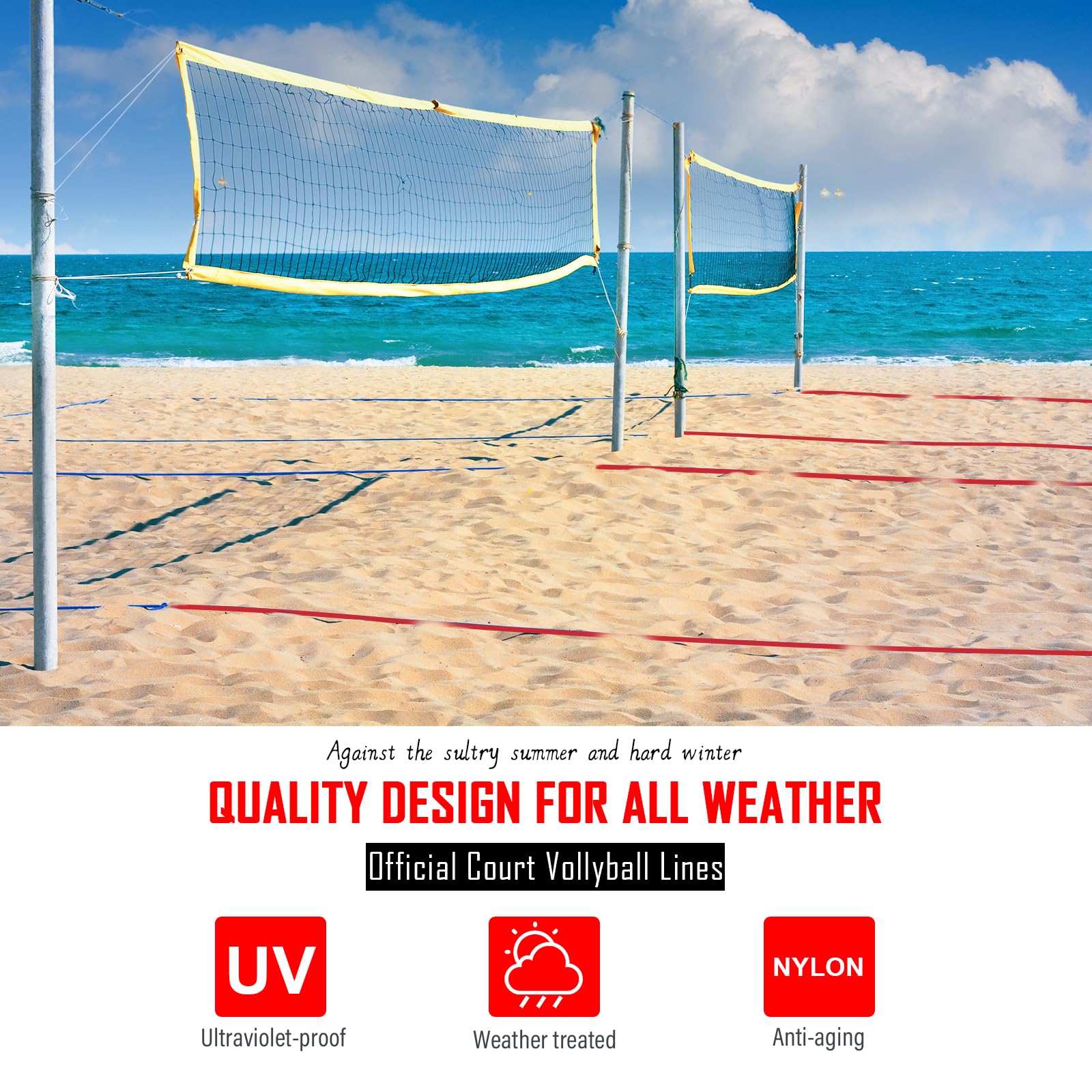 YUXUXU Professional Beach Volleyball Lines for Sand-2 Inch, Highly Visible, All-Weather, with Stainless Anchors & Sand Bags - Official Court 30' X 60'|Short Court 26.3' X 52.6'