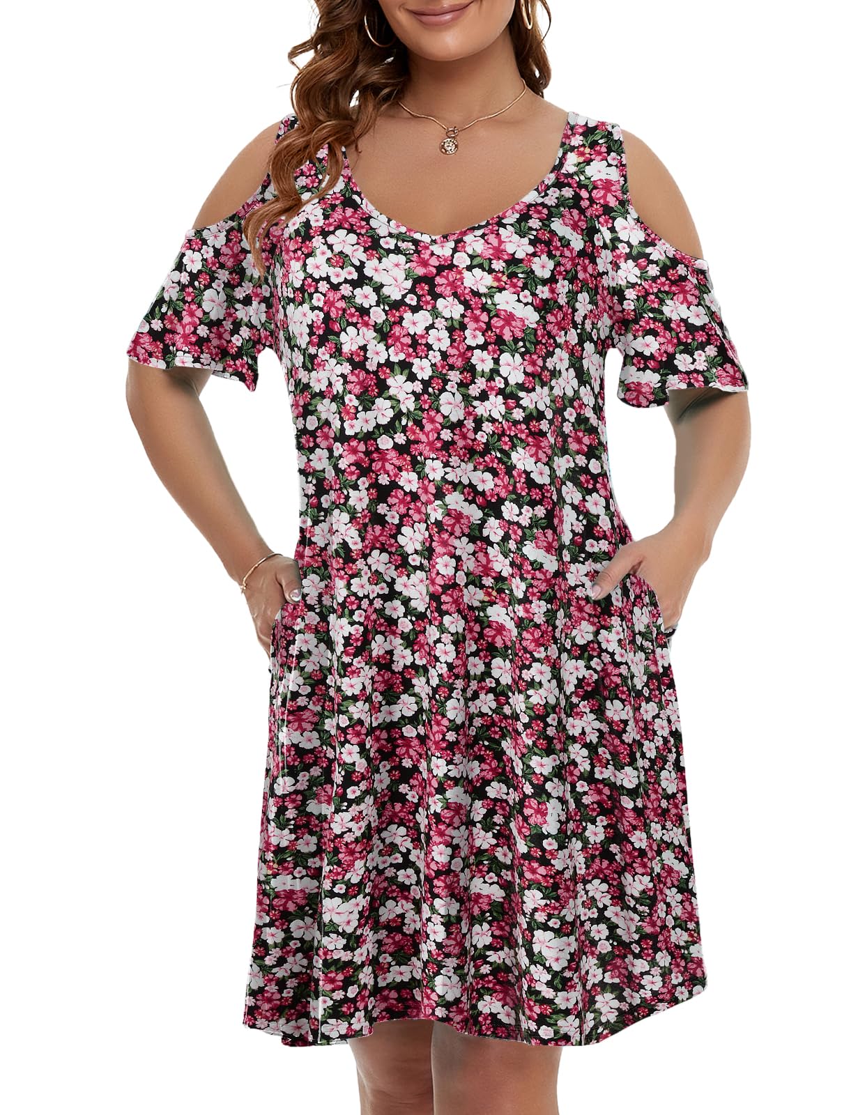 JollieLovin Womens Plus Size Short Sleeve Cold Shoulder V Neck T-Shirt Dress with Pockets