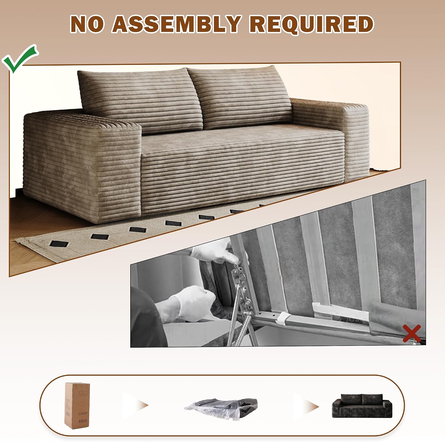 63" Corduroy Boneless Couch, 2-Seater Compression Sofa with 2 Throw Pillows, No Assembly Required, Comfy Loveseat Sofa in a Box, Modern Couches for Living Room (Camel, 63 inch) | Breathable Material, Compression, Ultra-Soft, Deep Seat