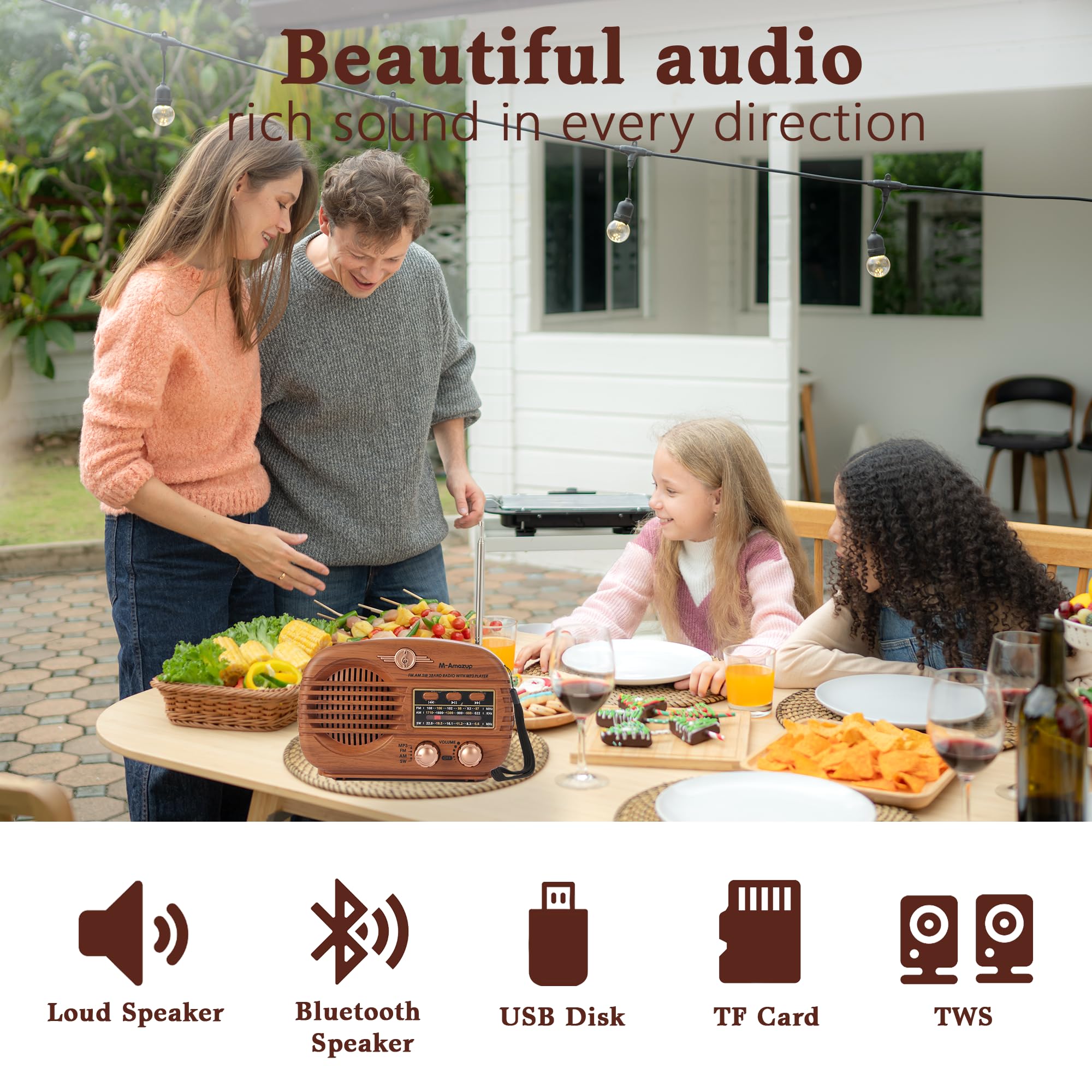 Radios portables AM FM SW, radio rétro avec haut-parleur, radio transistor Bluetooth 5.3, alimentée par batterie rechargeable, TWS, prend en charge carte TF/MP3/USB, cadeaux pour seniors