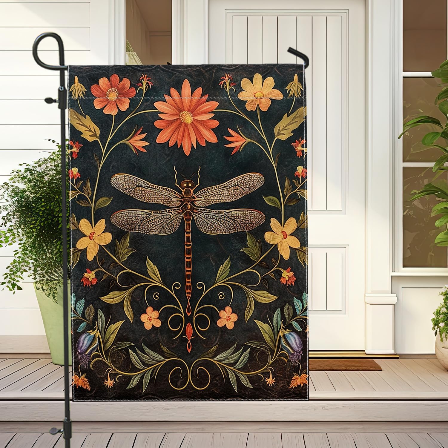 vintage dragonfly garden flag bohemian bug animal medieval flower botanical art print black linen for welcome porch yard flag decor for holiday lawn party double sided fins up flag 12x18inch - Image 4