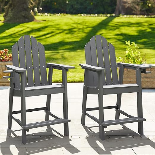 LUE BONA Tall Adirondack Chairs Set of 2, Recycled Poly Adirondack Chair Bar stools with Cup Holder, 25.6", 300Lbs, Eco-Friendly, Weather Resistant Lifeguard Chair for Balcony,Deck