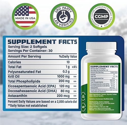 Miniatura 9 de Active Lifestyle Suplemento de aceite de krill antártico, alta absorción EPA, DHA, astaxantina y fosfolípido, krill rojo, sin OMG, sin gluten, sin