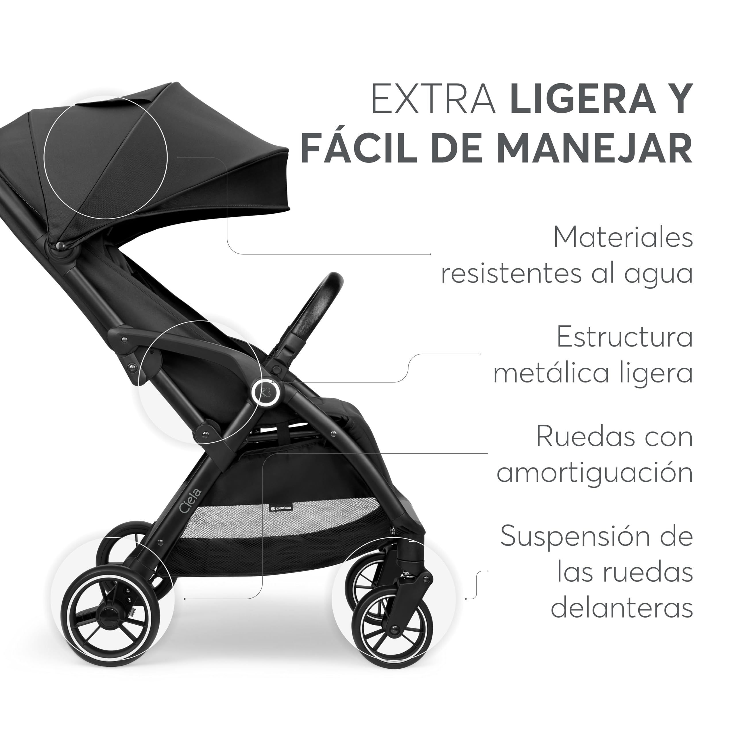 KikkaBoo Silla de Paseo Ligera CIELA, Carrito Bebé Compacto hasta 22 kg, Plegado Automático, Reclinable, Superligero, Tamaño Cabina Avión, Negro