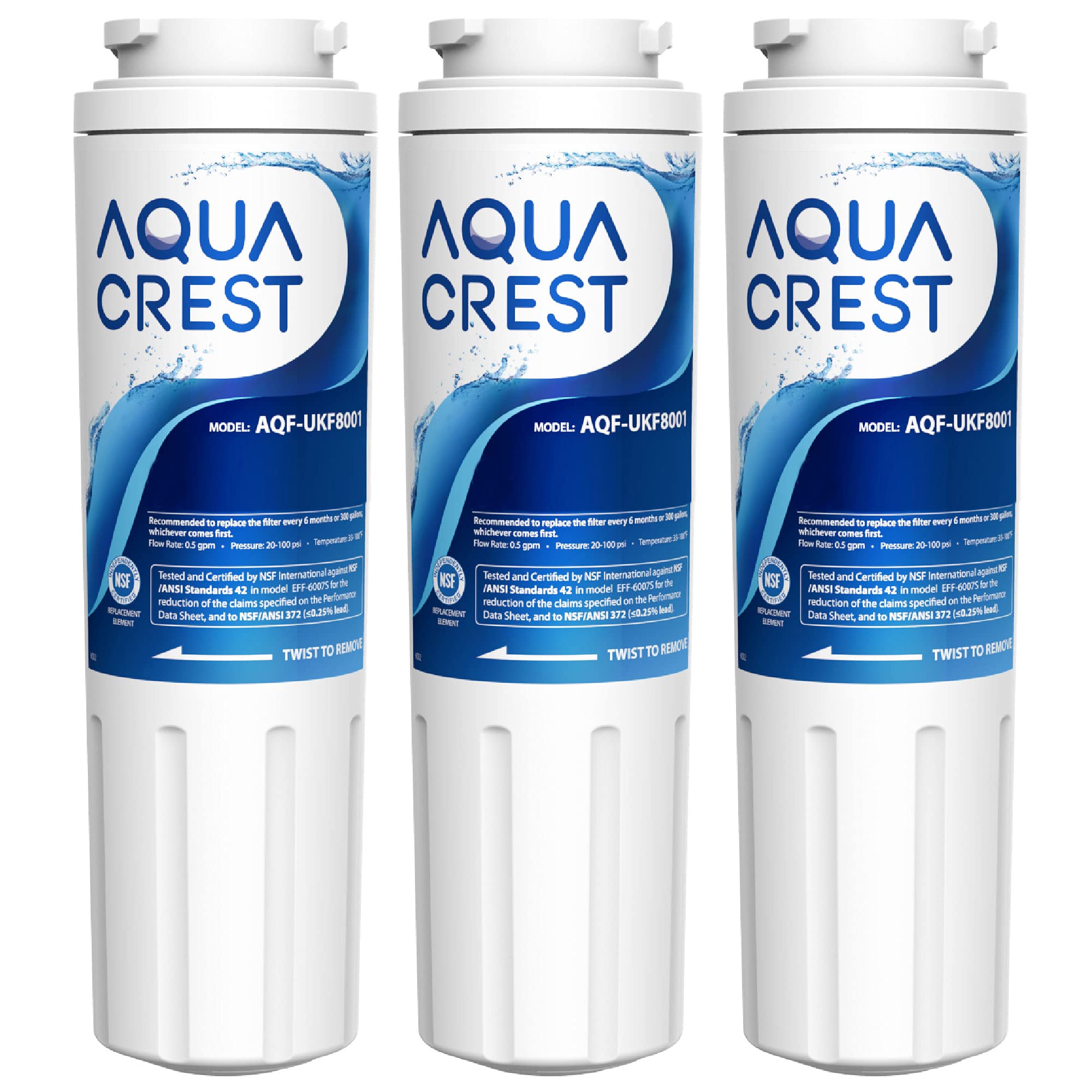 AQUACREST UKF8001 NSF 401 Certified to Reduce 99% of Lead, Pharmaceuticals and More, Compatible with Maytag UKF8001, UKF8001AXX, UKF8001P, PUR UKF8001, EveryDrop Filter 4 (Pack of 3)