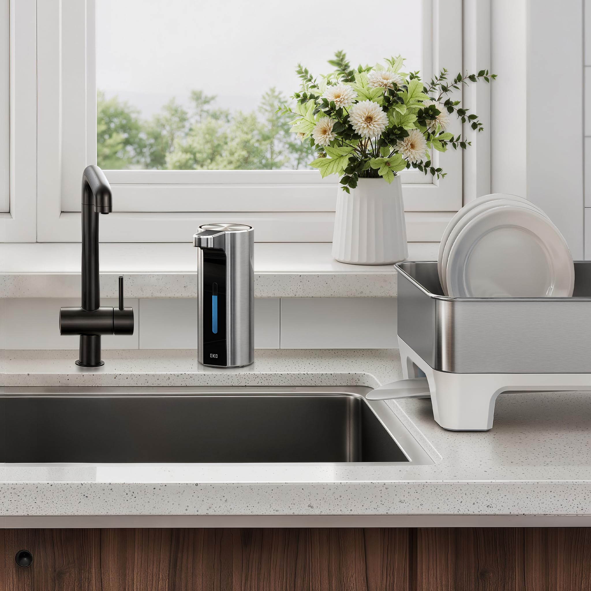 EKO Aroma Pro 400ml Seifenspender Automatisch, Variable Dosierung, magnetisch aufladbar, elektrischer Flüssigseifenspender für Bad & Küche, IPX7 wasserdicht, Edelstahloberfläche
