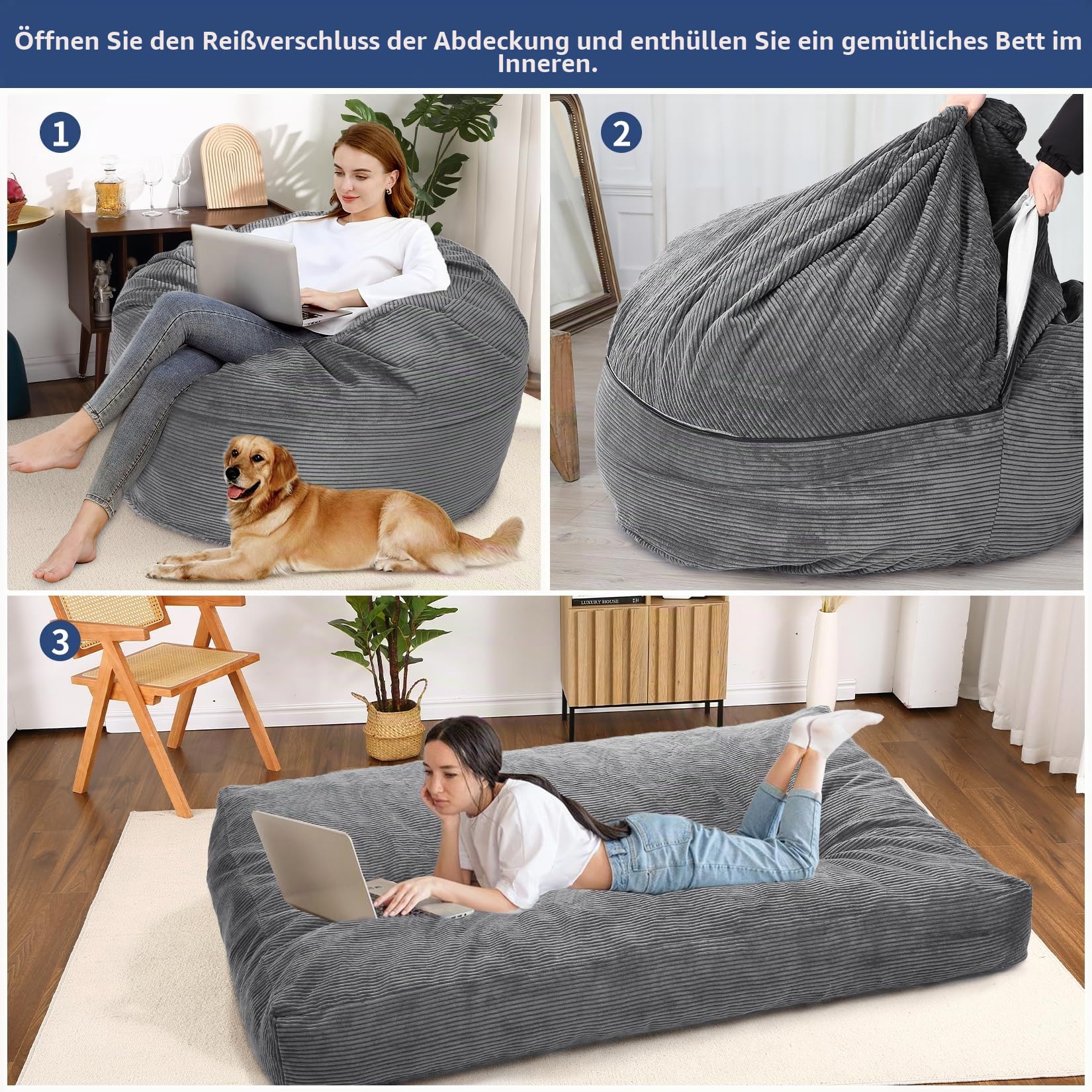 Sitzsack-Bett 200x150x25 cm, Umwandelbar Von XXL Sitzsack-Sessel Zu Bett, Mit Waschbarem Cordbezug, Komfortabler Schaumstoff-Füllung & Seitentasche, Für Wohnzimmer Schlafzimme Gaming, Hellgrau
