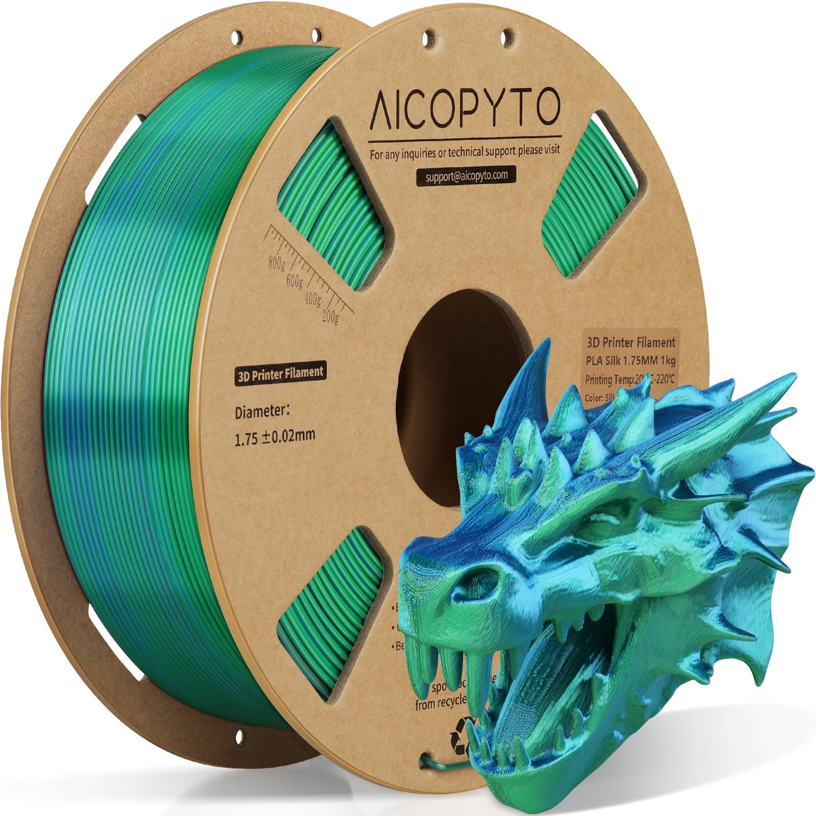 3D Printer Silk PLA Filament 1.75mm, Shiny Dual Color Blue Green, Dimensional Accuracy +/- 0.02 mm, 1KG (2.1lbs)/Spool Easy to Print for Most FDM 3D Printers