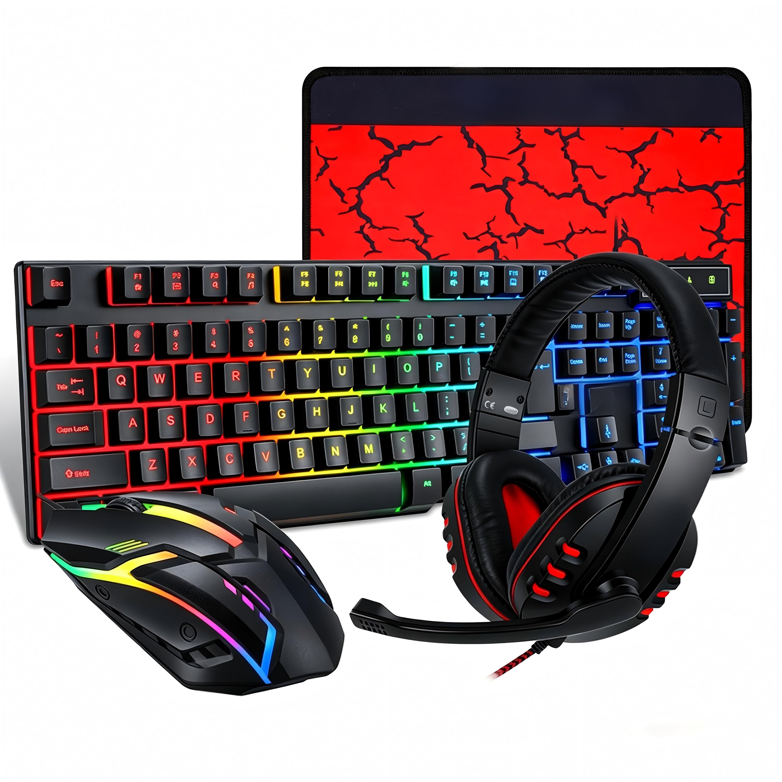 T Wolf TF800 zestaw combo gamingowy, 104 przyciski, klawiatura RGB z podświetleniem, 4-kolorowa, oddychająca mysz świetlna, zestaw słuchawkowy do gier 3,5 mm, antypoślizgowa podkładka pod mysz
