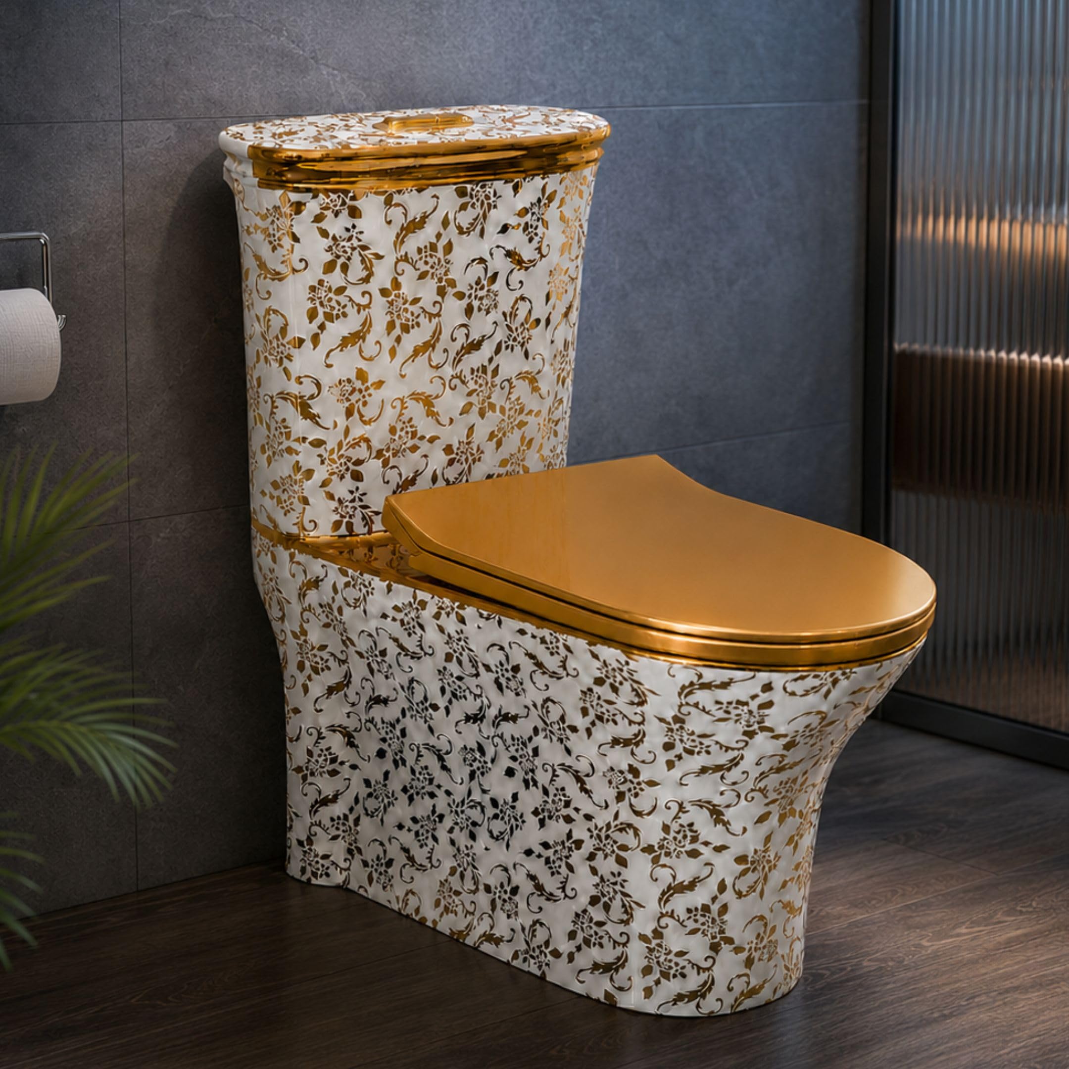 Royal Flora Gold One Piece Western Toilet | S-Trap | Soft Close Seat Cover | 5-Year Warranty | Floor Mounted Ceramic Commode With Dual Flush 3/6L | Washdown Flushing (Royal Flora Gold)-image-6