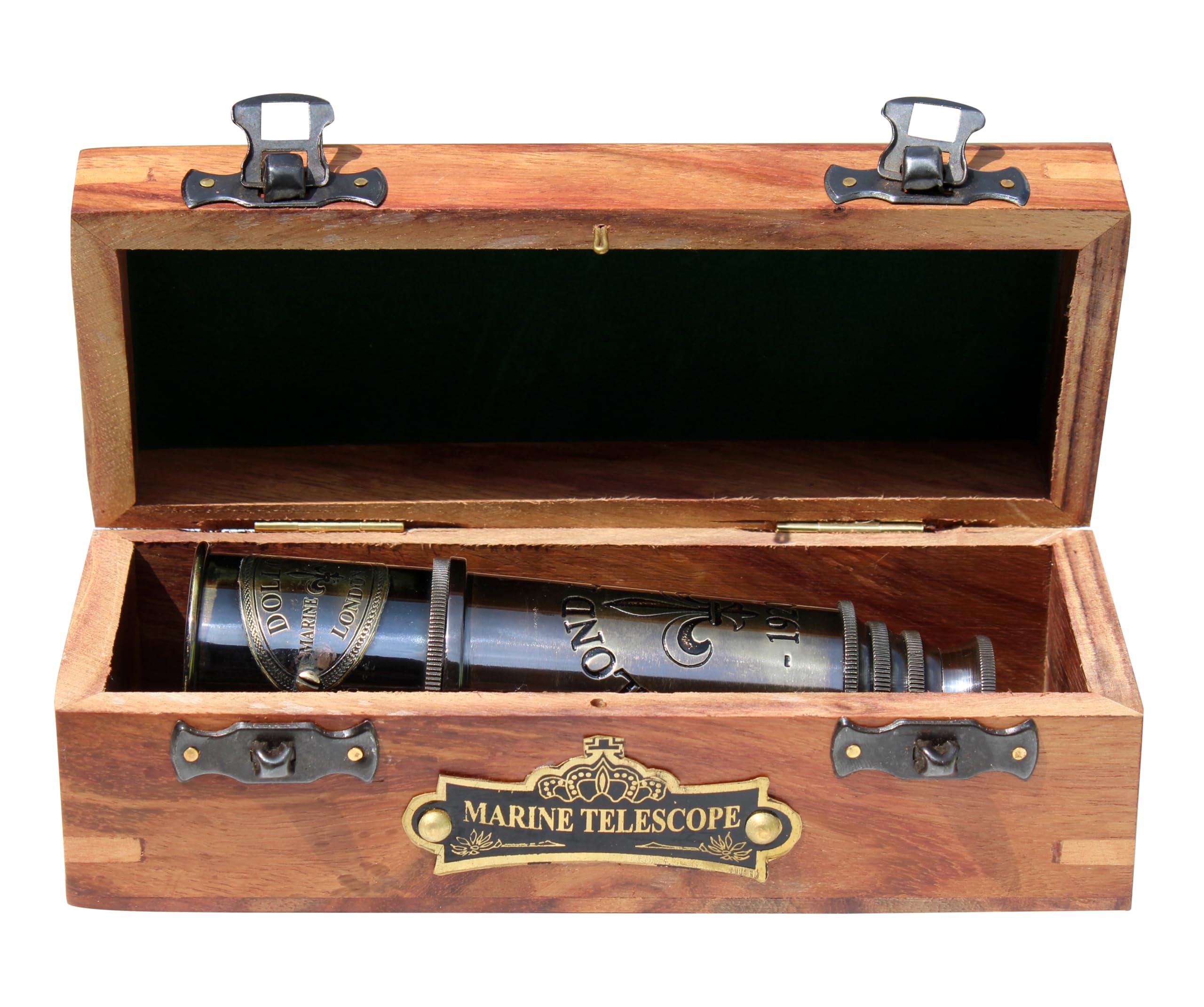 1920 Marine Working Antique Spyglass Brass Telescope with Wooden Box Pirate Navigation with Anchor Wooden Box Monocular Decor for Gifting, 16