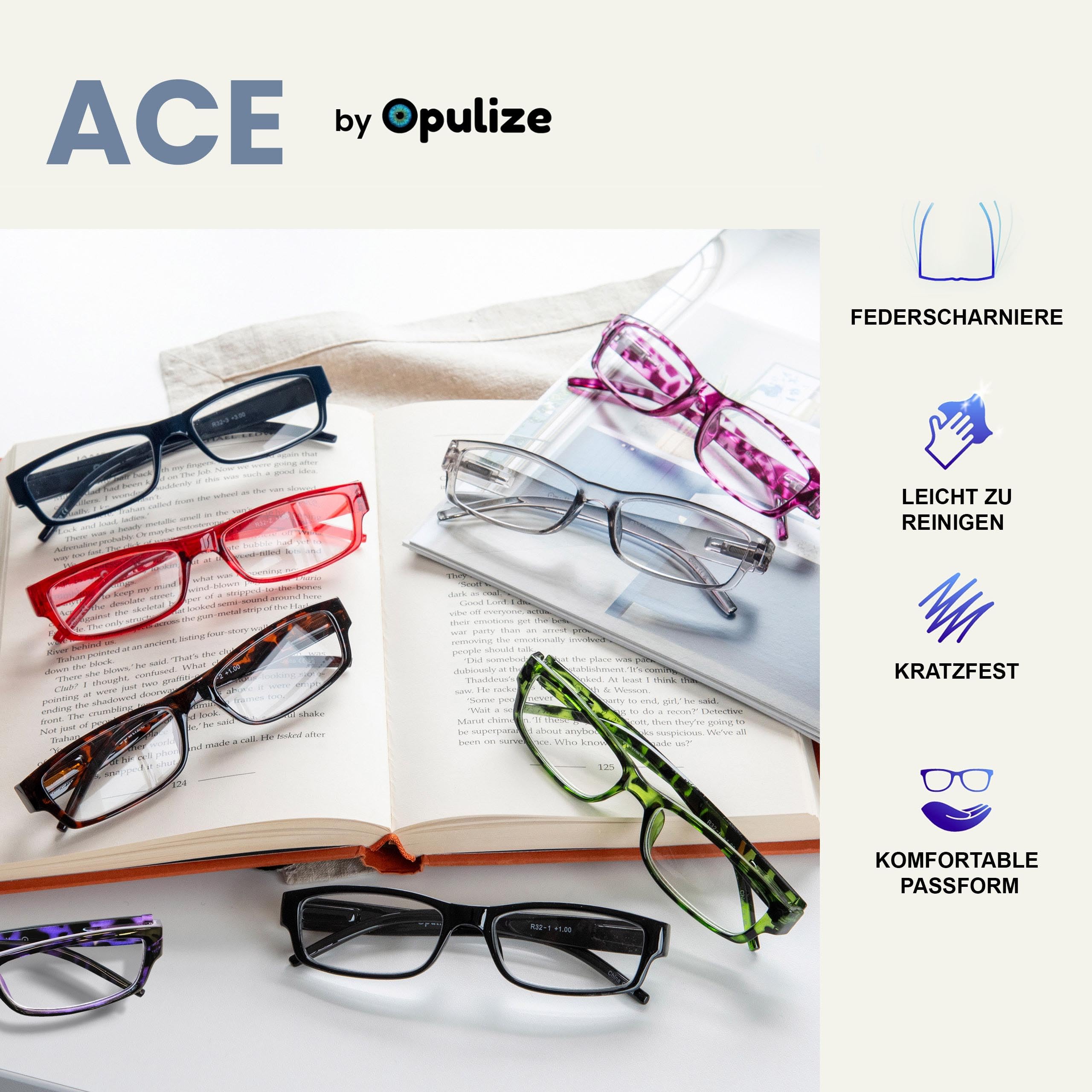 OPULIZE Ace – 6 klassische Lesebrillen mit schmalem Rahmen, kratzfesten Gläsern und komfortablen Federscharnieren in stilvollen Farben