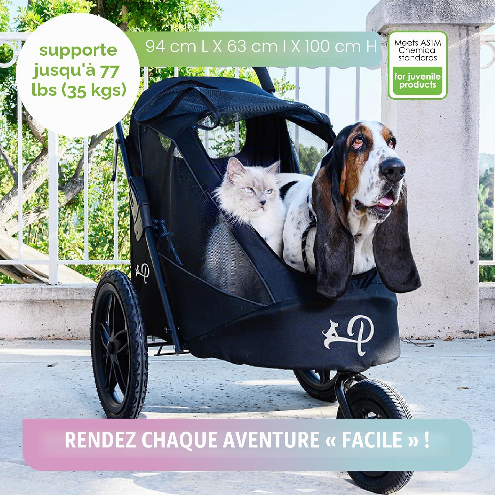 Breeze Black | Remorque de vélo de Luxe pour Chien | Jogger de Grande Taille | Pliage à Une Main | Pneus pneumatiques | Housse de Pluie Incluse | Pompe à Pneu | Adaptateur de vélo