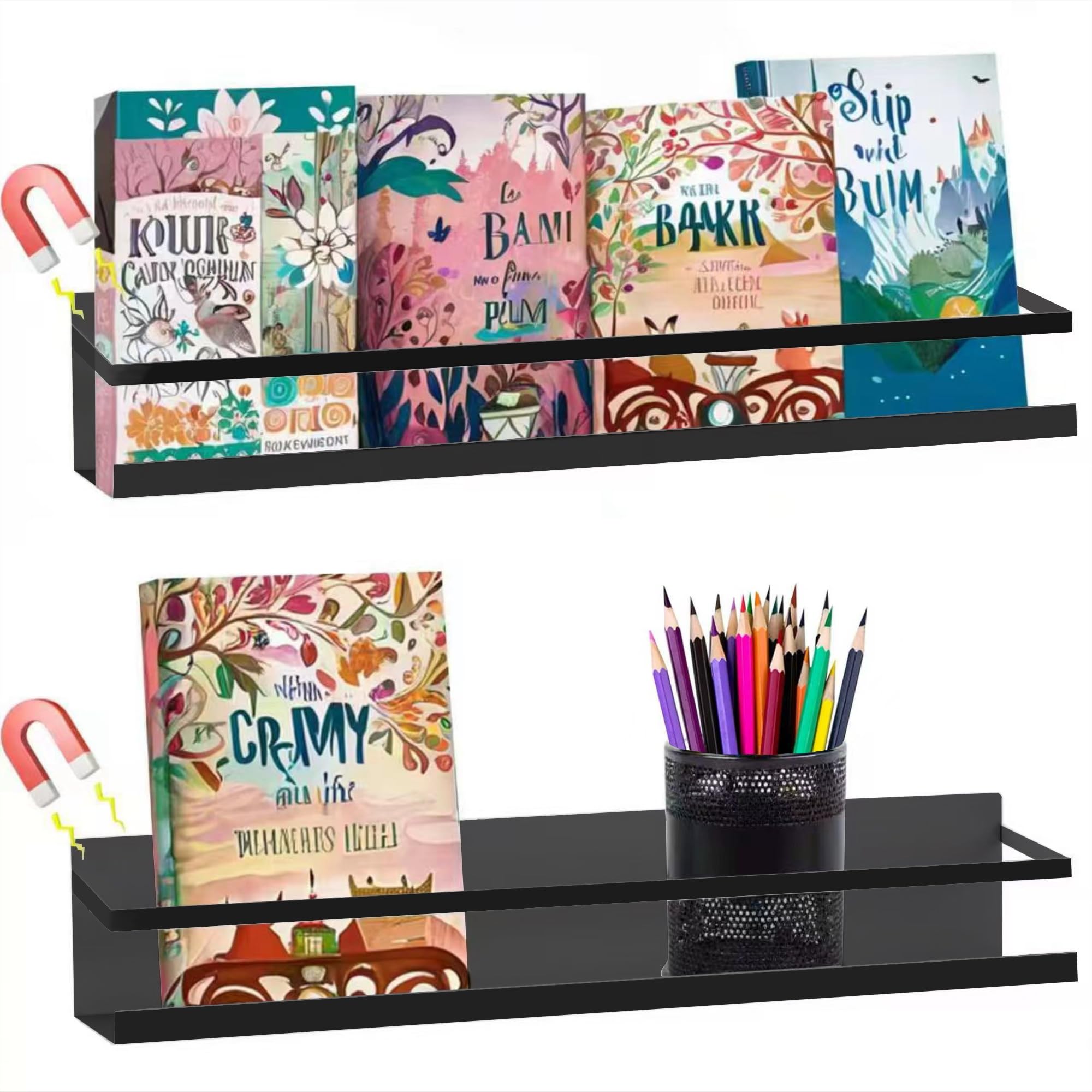 VANPET Metal Magnetic Book Shelf for Whiteboard, Metal Magnetic Bookshelf, Book Display Shelf for Teacher Kids Classroom Office (Black)