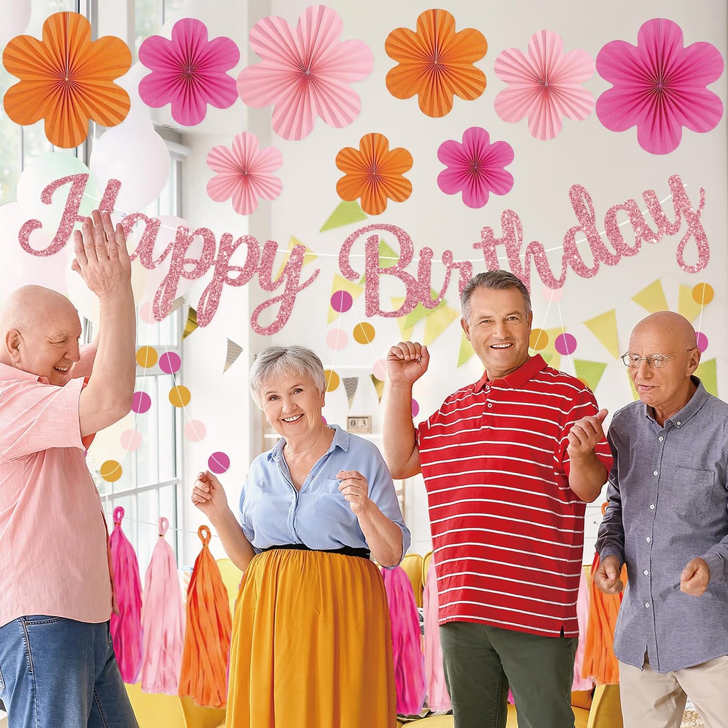 Roetyce Flower Birthday Decorations, Pink Orange Boho Birthday Backdrop