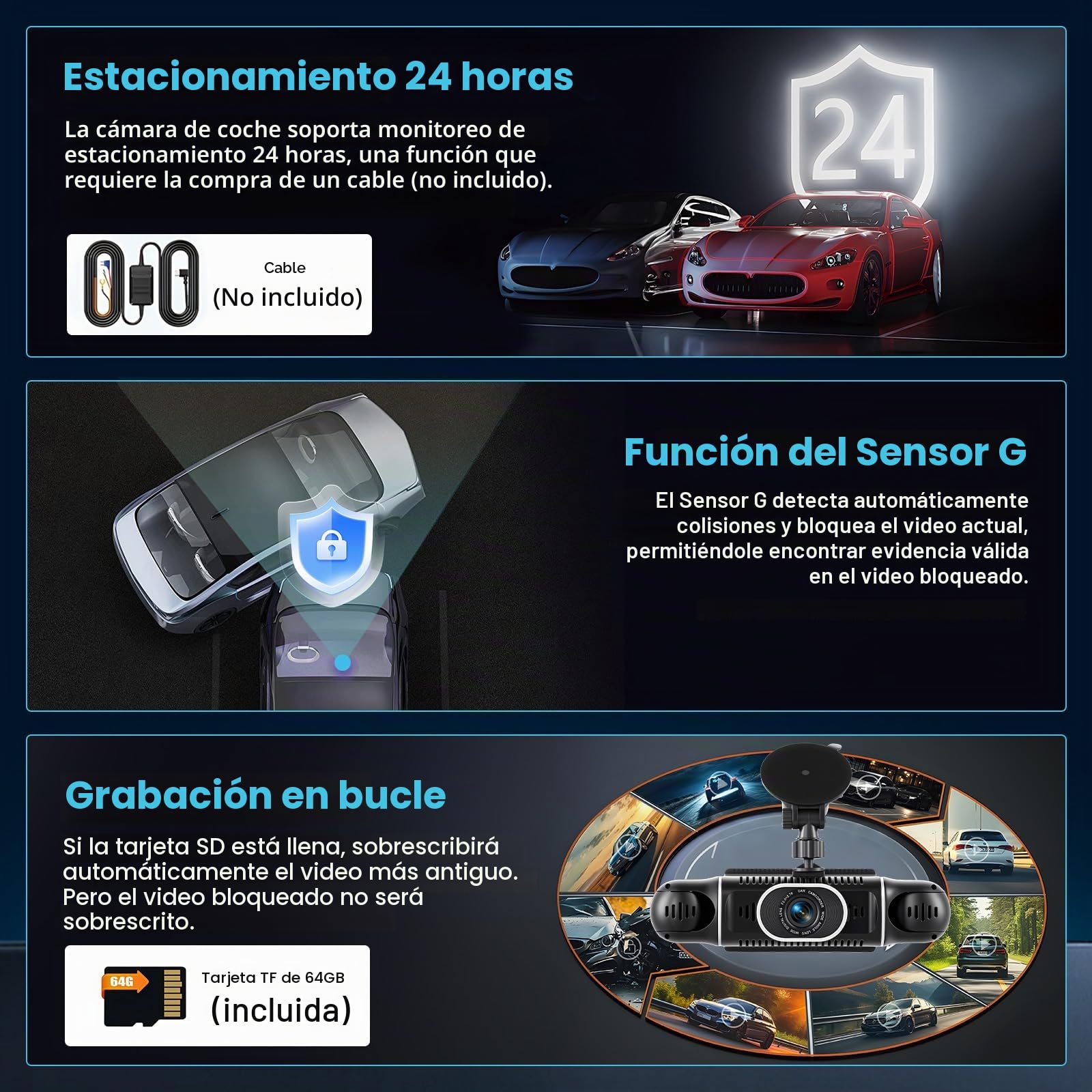 Inefala 2K WiFi Dashcam Coche Delantero Trasero Interior, con Tarjeta SD 64G, 2K+1080P*3 FHD 4 Canales Dash CAM, Cámara para Coche 360°con Ayuda a Marcha Atrás, Sensor G, visión Nocturna