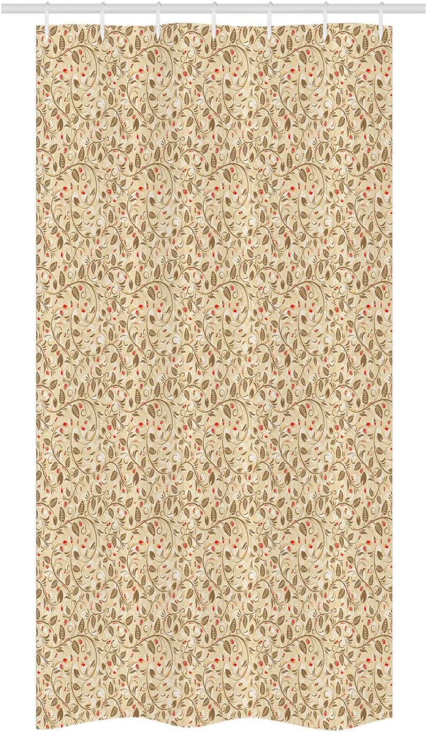 Ambesonne Floral Stall Shower Curtain, Reviving Nature Theme Abstract Tender Stems with Curvy Leaves Ladybugs, Fabric Bathroom Decor Set with Hooks, 36" W x 72" L, Beige Caramel Vermilion
