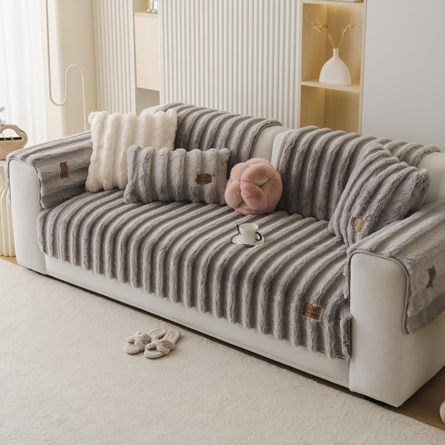 Fuzzy Rabbit Plush Sofa Cover Thick Soft Fur Sectional Couch Cover Furry Fluffy Cushion Cover Non-Slip Sofa Slipcovers Vertical Stripe Furniture Protector for Dogs Cats(Light Grey,36"x63")